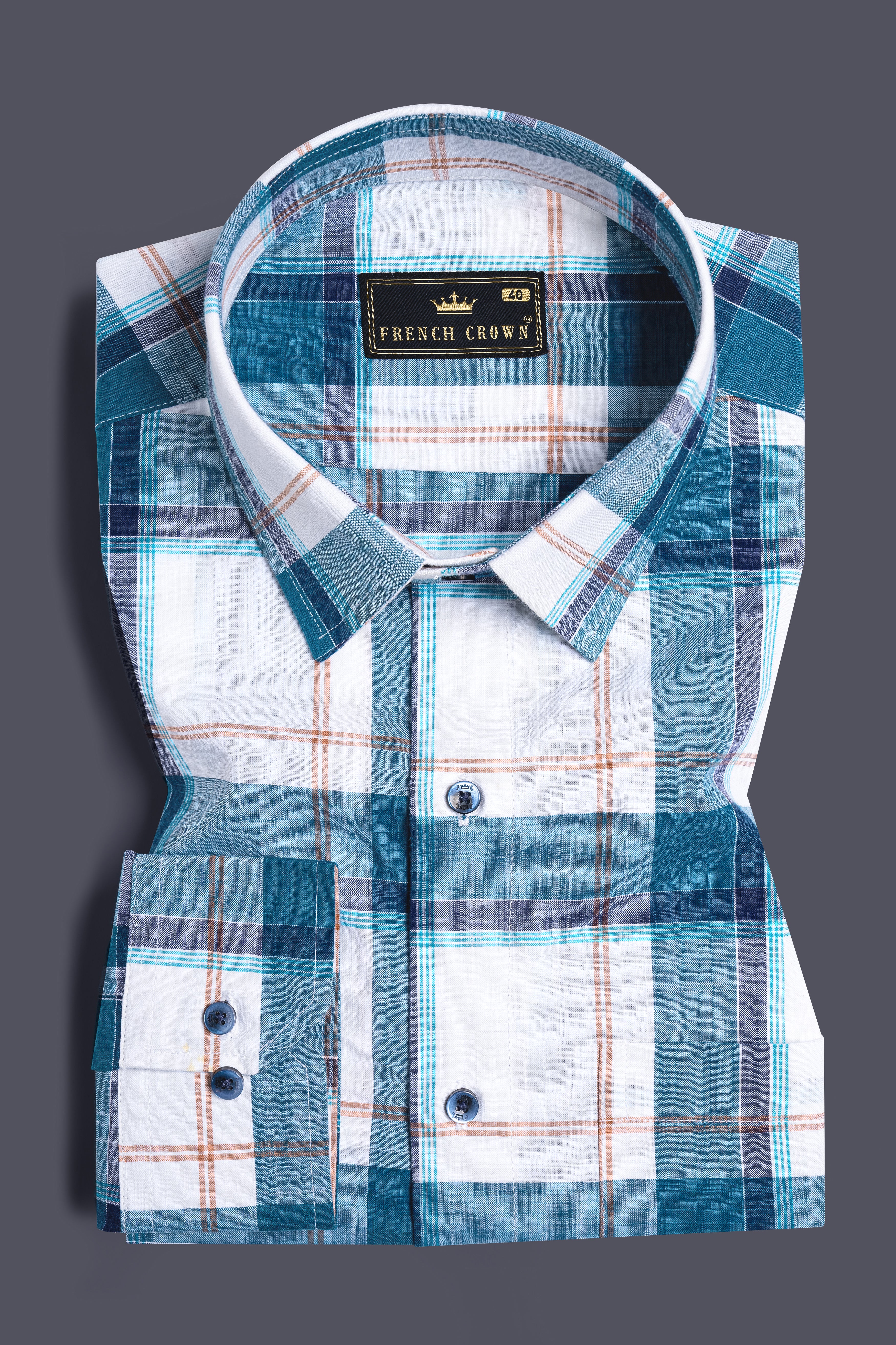 Bright White with Chathams Blue and Desert Brown Plaid Chambray Shirt