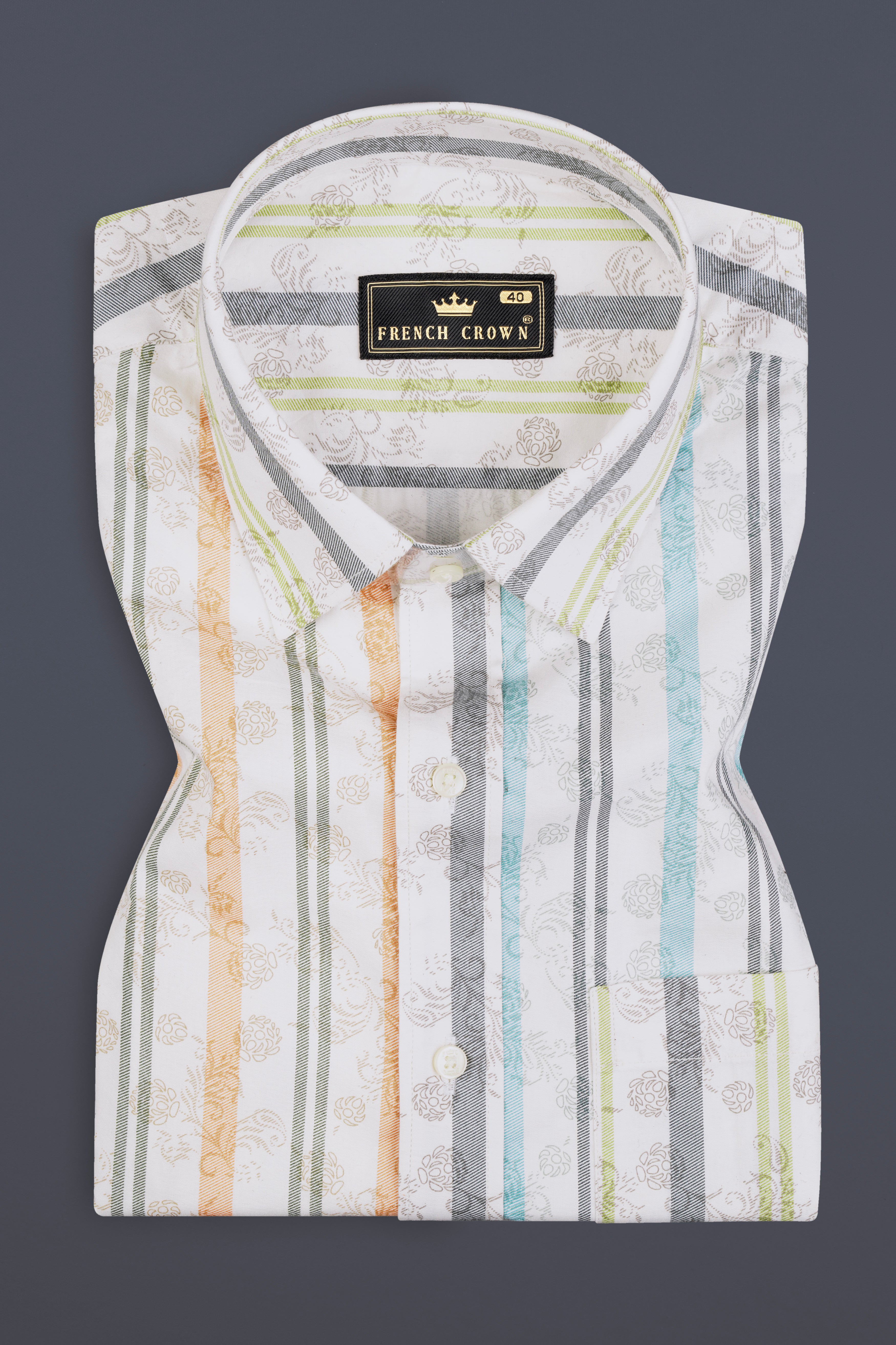 Bright White Multicolour Striped with Floral Printed Subtle Sheen Super Soft Premium Cotton Designer Shirt