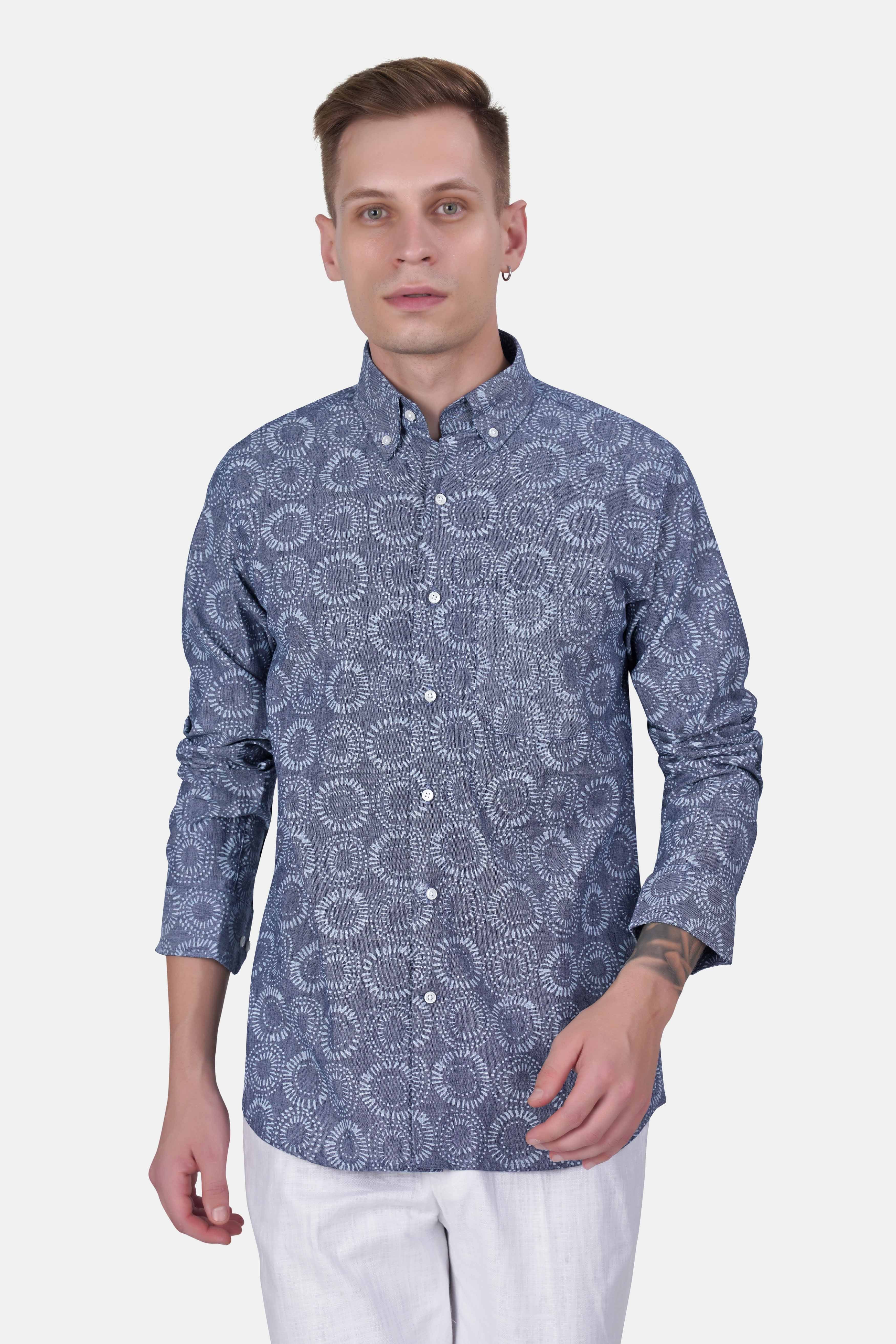 Fiord Blue and White Batik Printed Denim Shirt