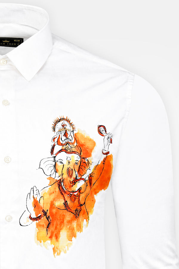 Bright White Lord Ganesha Printed Subtle Sheen Super Soft Premium Cotton Designer Shirt