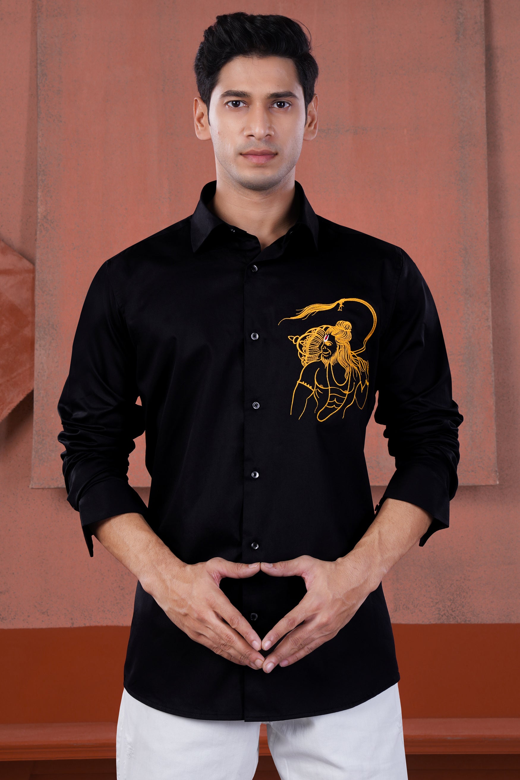 Jade Black Lord Hanuman Embroidered Subtle Sheen Super Soft Premium Cotton Designer Shirt
