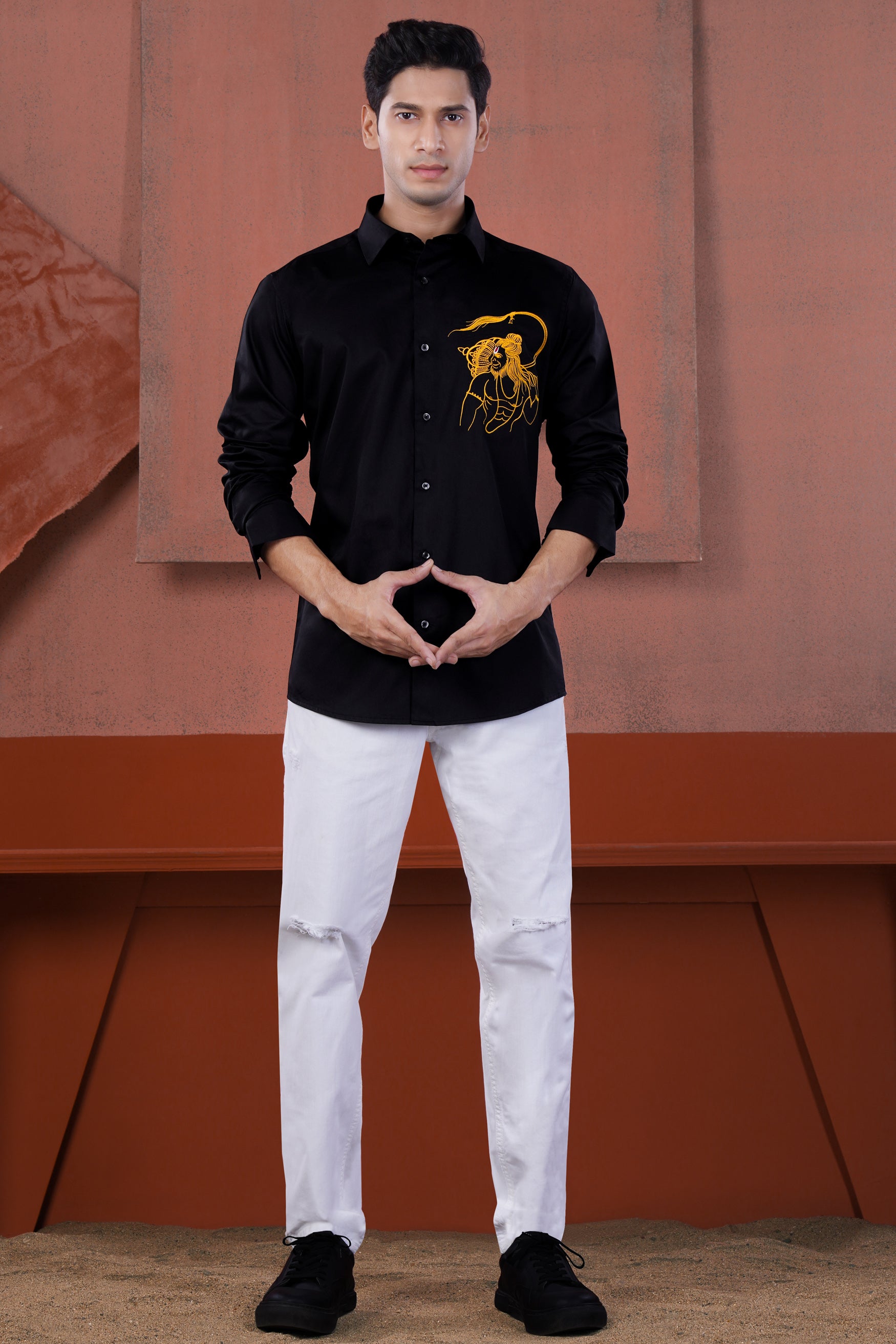 Jade Black Lord Hanuman Embroidered Subtle Sheen Super Soft Premium Cotton Designer Shirt