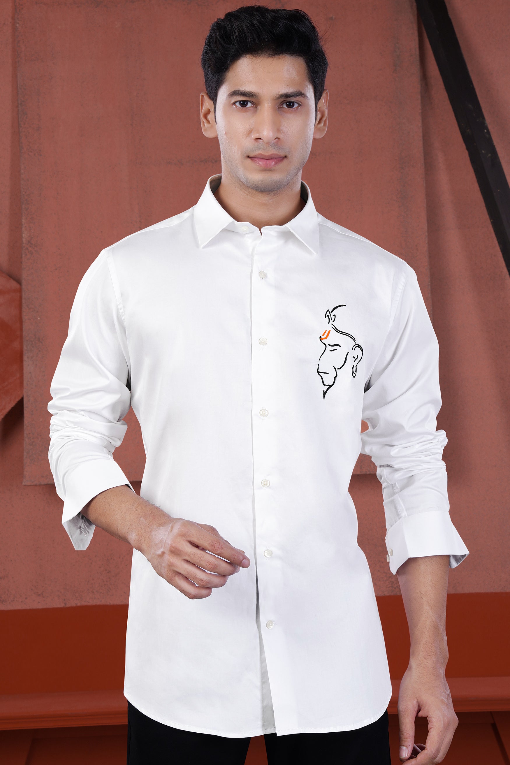 Bright White Lord Hanuman Embroidered Premium Cotton Designer Shirt