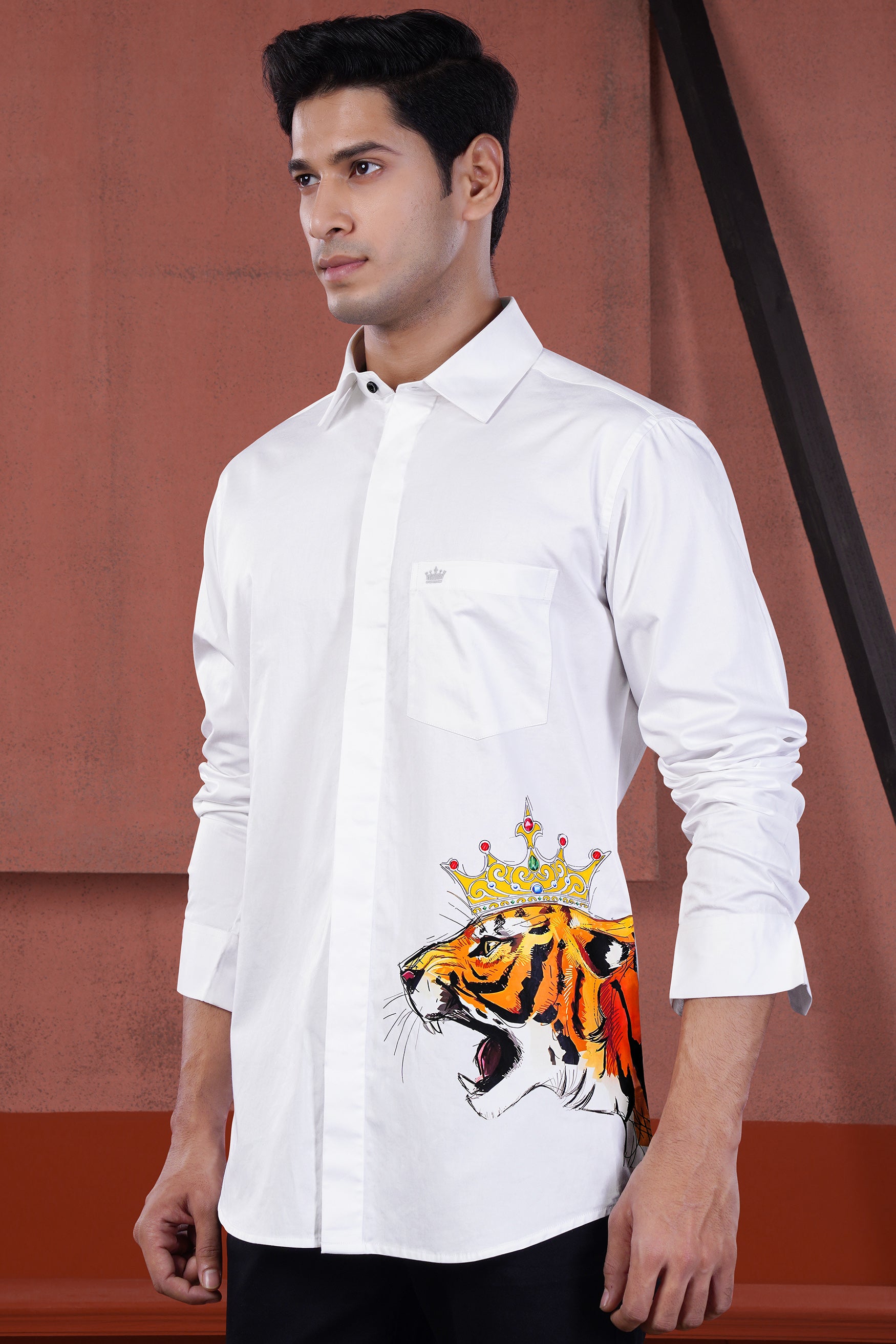 Bright White Ferocious Tiger Printed Subtle Sheen Super Soft Premium Cotton Designer Shirt