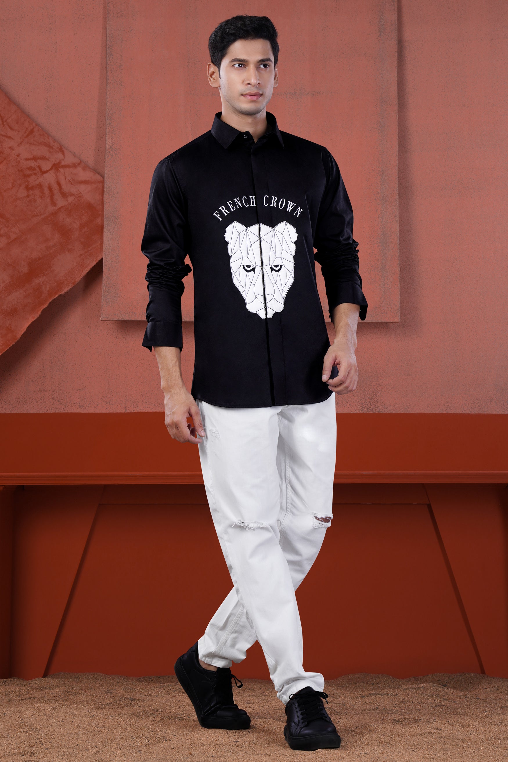 Jade Black with White Panther Embroidered Subtle Sheen Super Soft Premium Cotton Designer Shirt