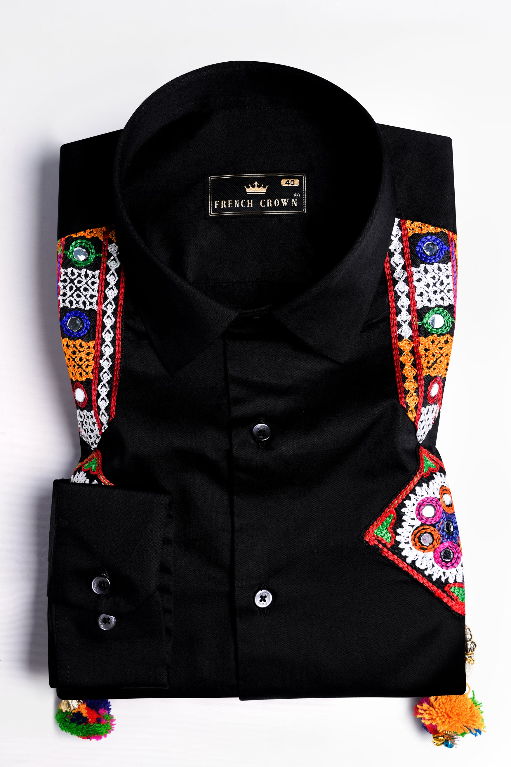 Jade Black with Multicolor Kutch Work Patches and Laces Subtle Sheen Super Soft Premium Cotton Designer Shirt 11938-BLK-E299-38, 11938-BLK-E299-H-38, 11938-BLK-E299-39, 11938-BLK-E299-H-39, 11938-BLK-E299-40, 11938-BLK-E299-H-40, 11938-BLK-E299-42, 11938-BLK-E299-H-42, 11938-BLK-E299-44, 11938-BLK-E299-H-44, 11938-BLK-E299-46, 11938-BLK-E299-H-46, 11938-BLK-E299-48, 11938-BLK-E299-H-48, 11938-BLK-E299-50, 11938-BLK-E299-H-50, 11938-BLK-E299-52, 11938-BLK-E299-H-52