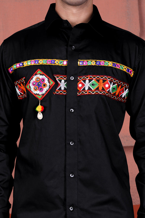 Jade Black Horizontal Multicolor Kutch Work Patches Subtle Sheen Super Soft Premium Cotton Designer Shirt