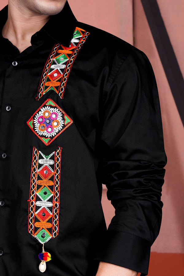 Jade Black Vertical Multicolor Kutch Work Patches Subtle Sheen Super Soft Premium Cotton Designer Shirt