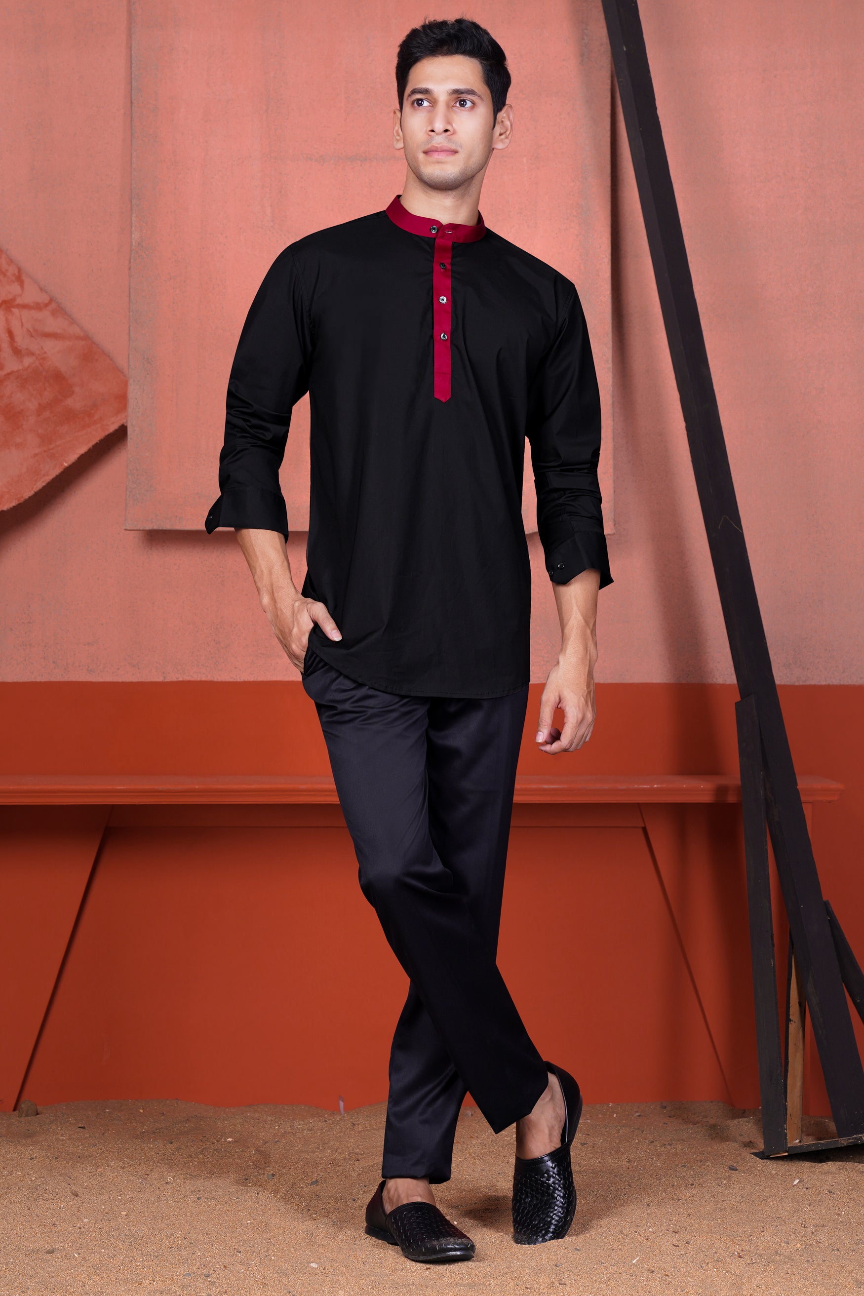 Jade Black and Bordeaux Maroon Kali Maa Hand Painted Subtle Sheen Super Soft Premium Cotton Designer Kurta Shirt