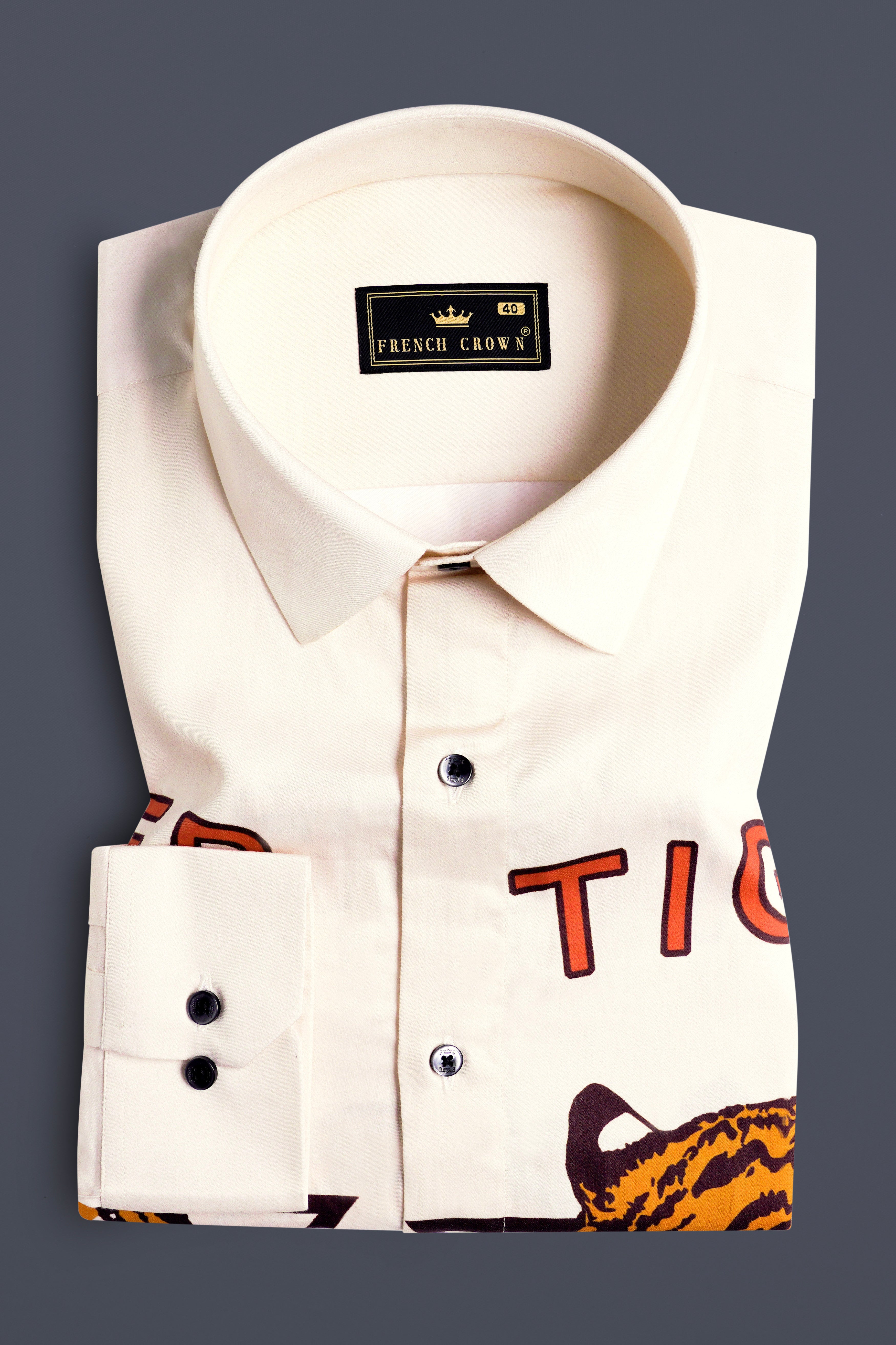 Bianca Cream with Cedar Brown and Tahiti Orange Tigers Printed Subtle Sheen Super Soft Premium Cotton Designer Shirt