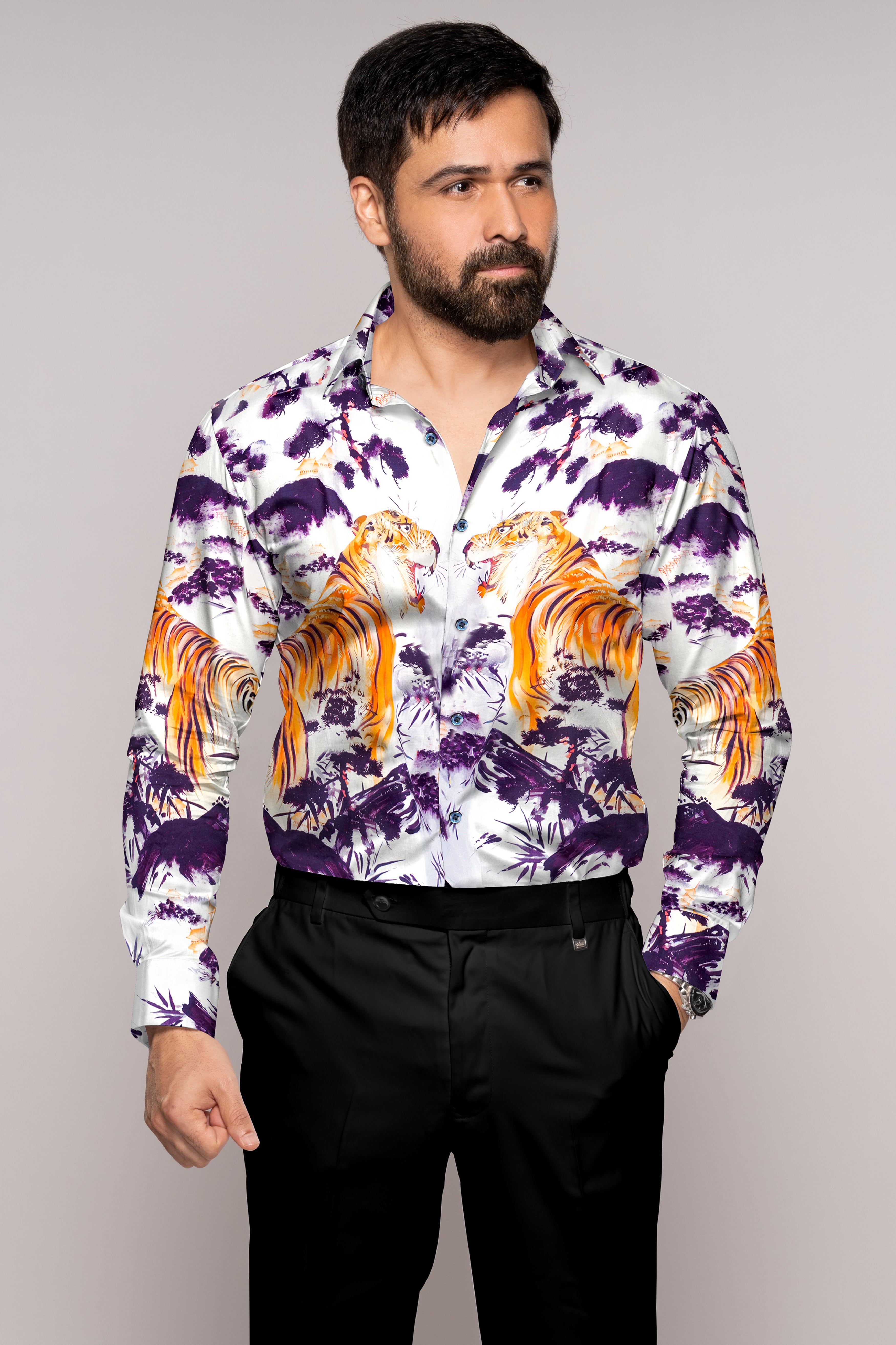 Bright White with Regalia Purple and Tangerine Orange Tigers and Trees Printed Subtle Sheen Super Soft Premium Cotton Designer Shirt