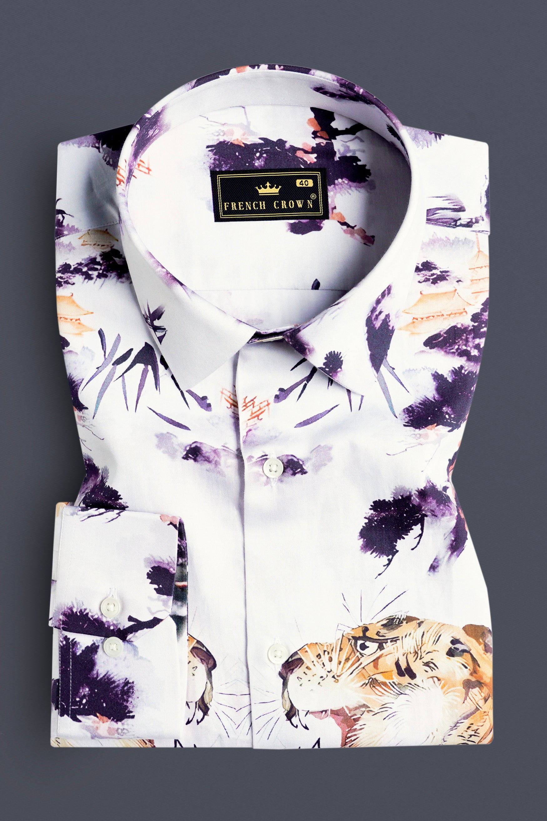 Bright White with Regalia Purple and Tangerine Orange Tigers and Trees Printed Subtle Sheen Super Soft Premium Cotton Designer Shirt