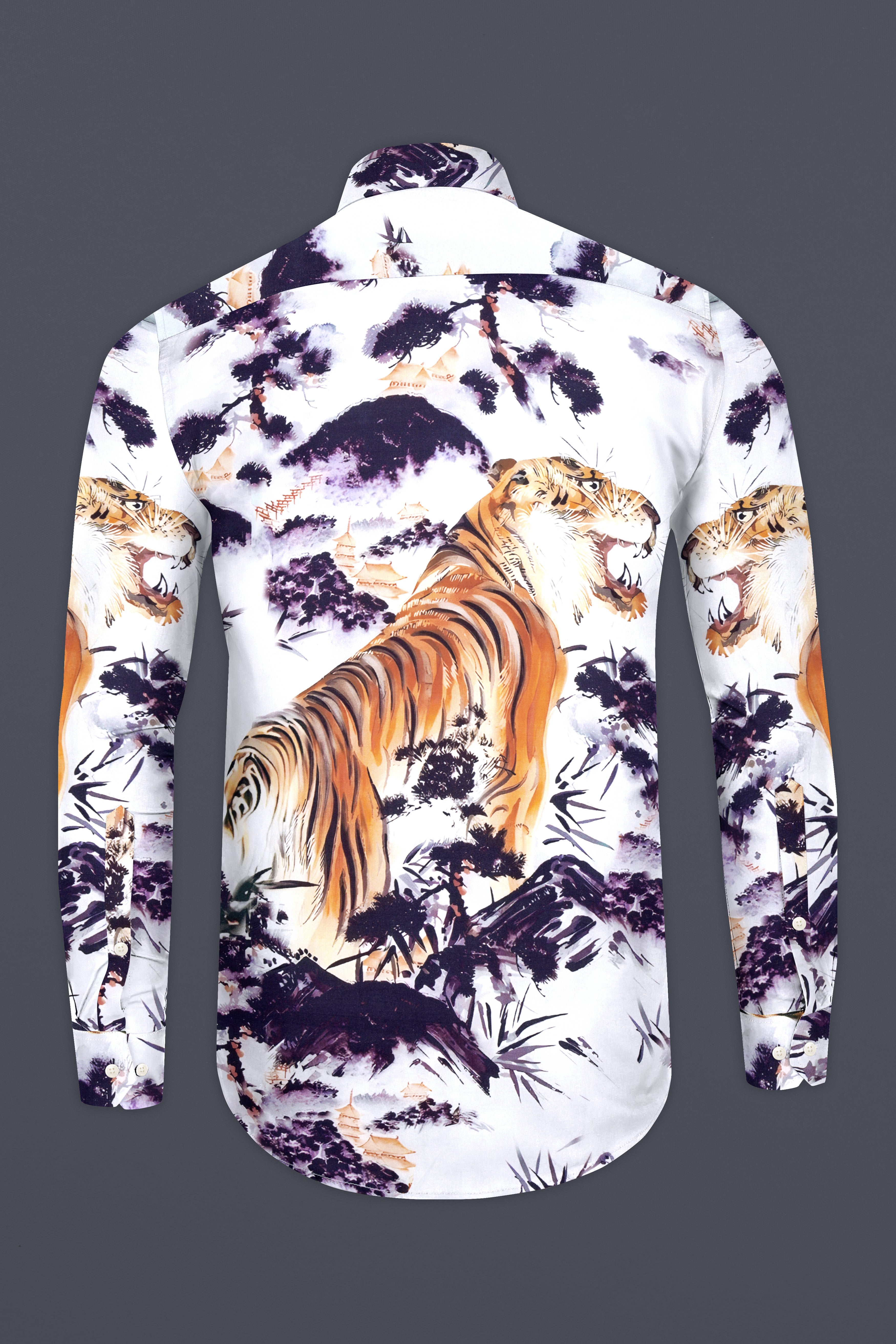 Bright White with Regalia Purple and Tangerine Orange Tigers and Trees Printed Subtle Sheen Super Soft Premium Cotton Designer Shirt