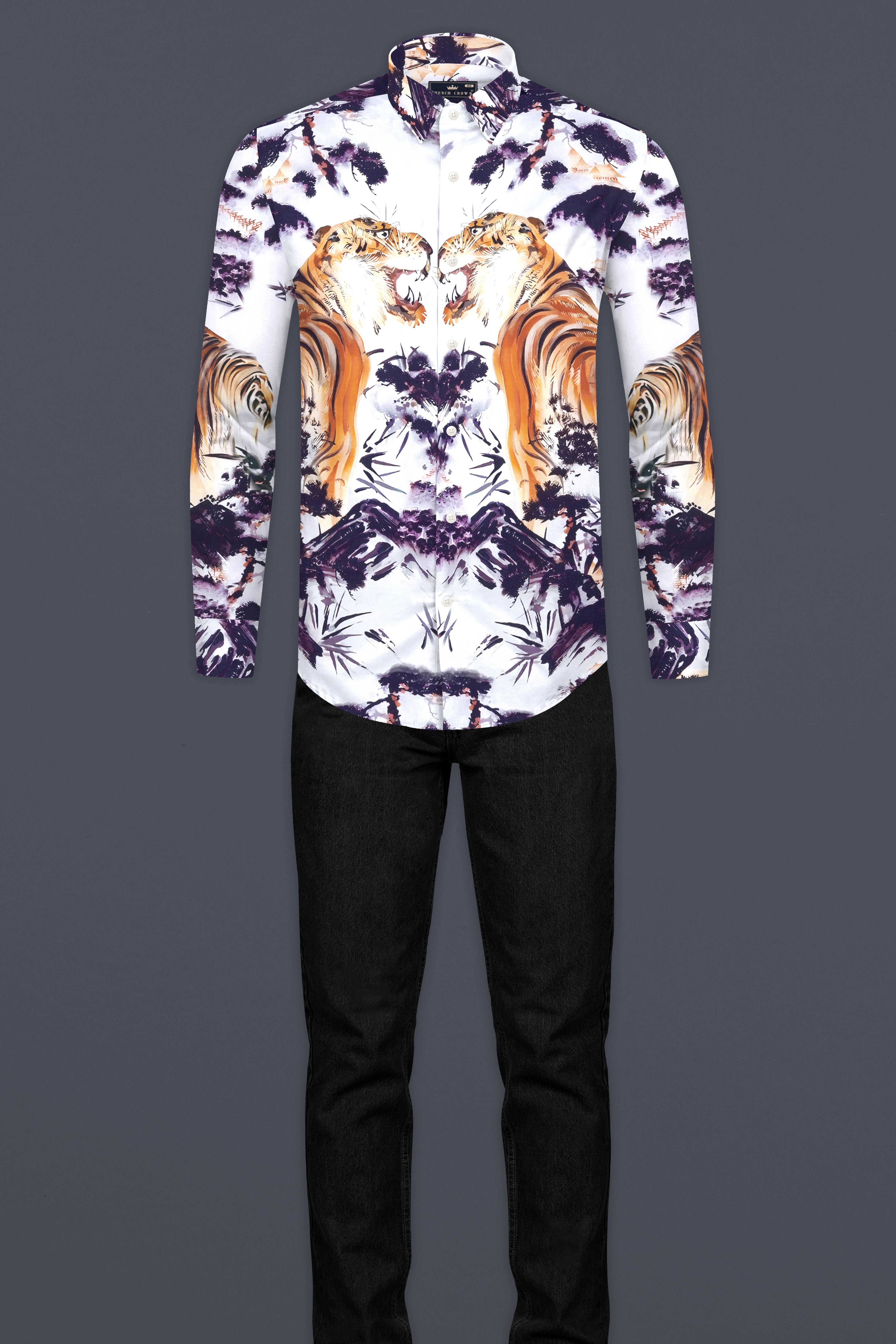 Bright White with Regalia Purple and Tangerine Orange Tigers and Trees Printed Subtle Sheen Super Soft Premium Cotton Designer Shirt