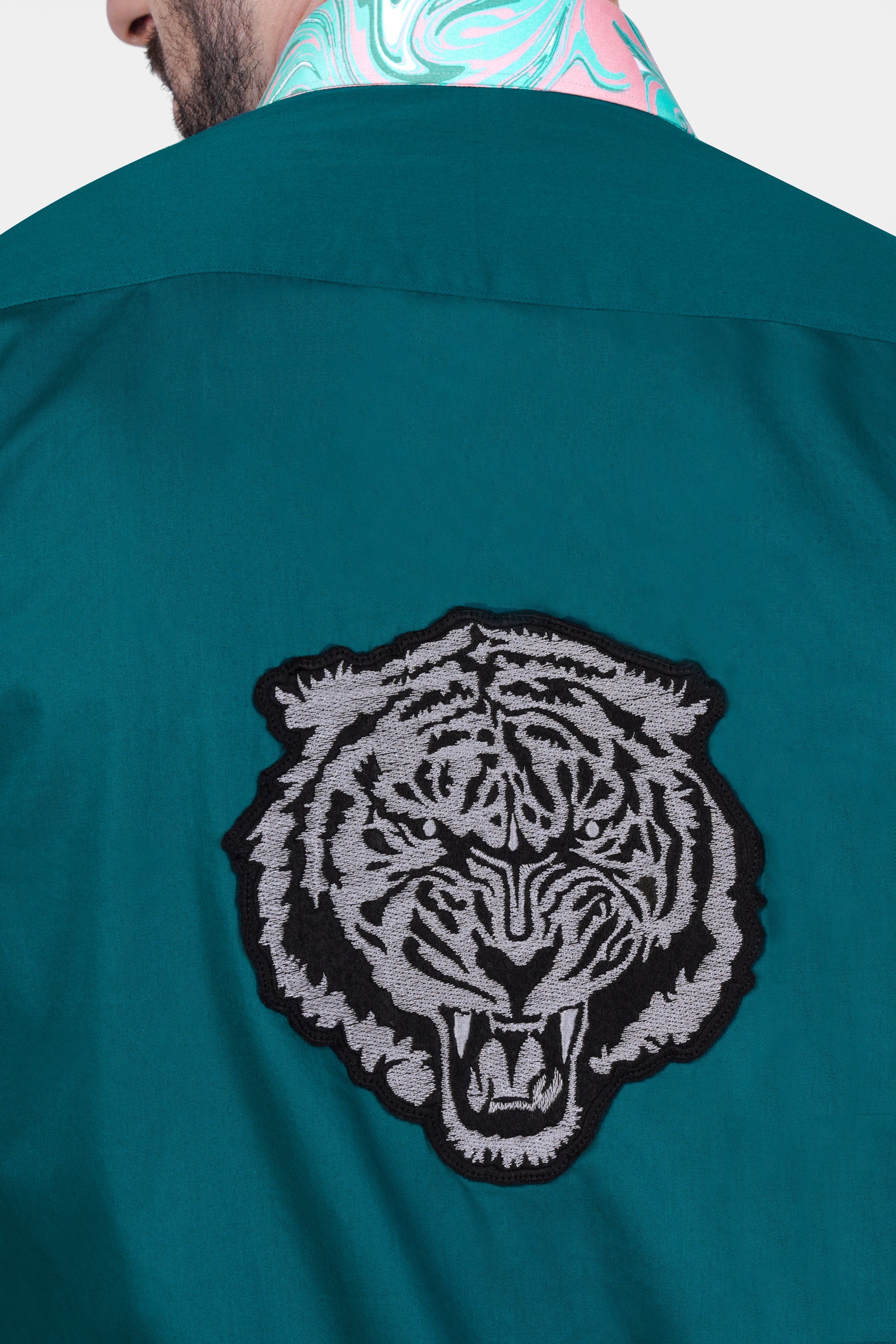 Teal Green Spider and Tiger Embroidered with Blizzard Blue and Cavern Pink Marble Printed Subtle Sheen Super Soft Premium Cotton Designer Shirt 11949-P815-38, 11949-P815-H-38, 11949-P815-39, 11949-P815-H-39, 11949-P815-40, 11949-P815-H-40, 11949-P815-42, 11949-P815-H-42, 11949-P815-44, 11949-P815-H-44, 11949-P815-46, 11949-P815-H-46, 11949-P815-48, 11949-P815-H-48, 11949-P815-50, 11949-P815-H-50, 11949-P815-52, 11949-P815-H-52