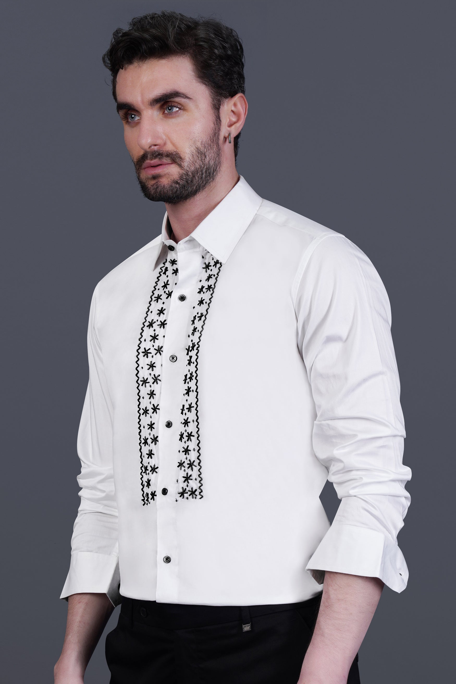 Bright White Stars Beads Handwork Subtle Sheen Super Soft Premium Cotton Designer Shirt