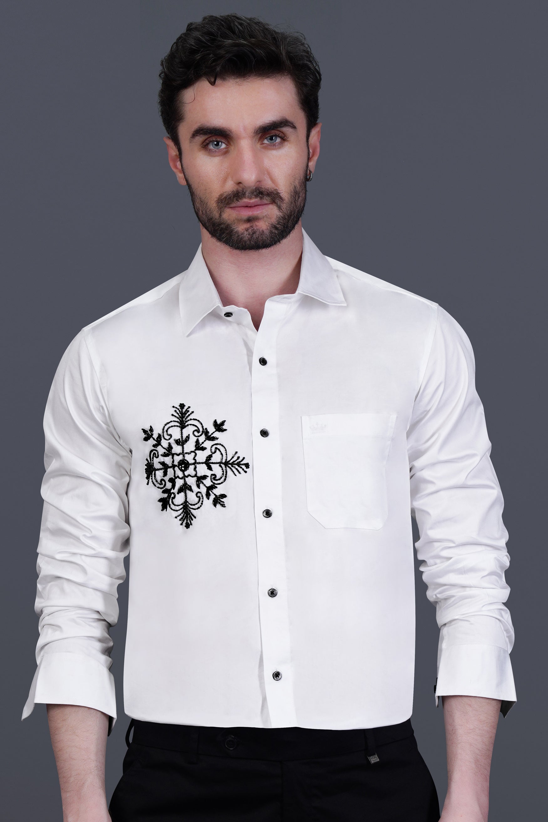 Bright White Floral Beads Handwork Subtle Sheen Super Soft Premium Cotton Designer Shirt