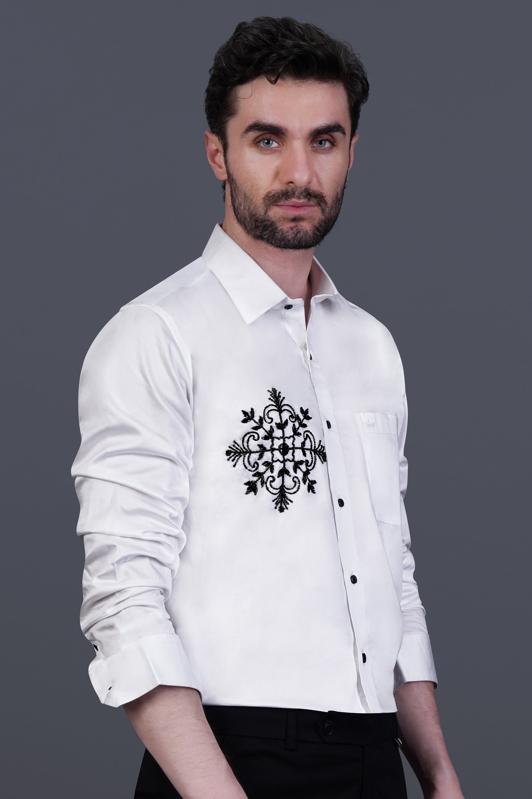 Bright White Floral Beads Handwork Subtle Sheen Super Soft Premium Cotton Designer Shirt