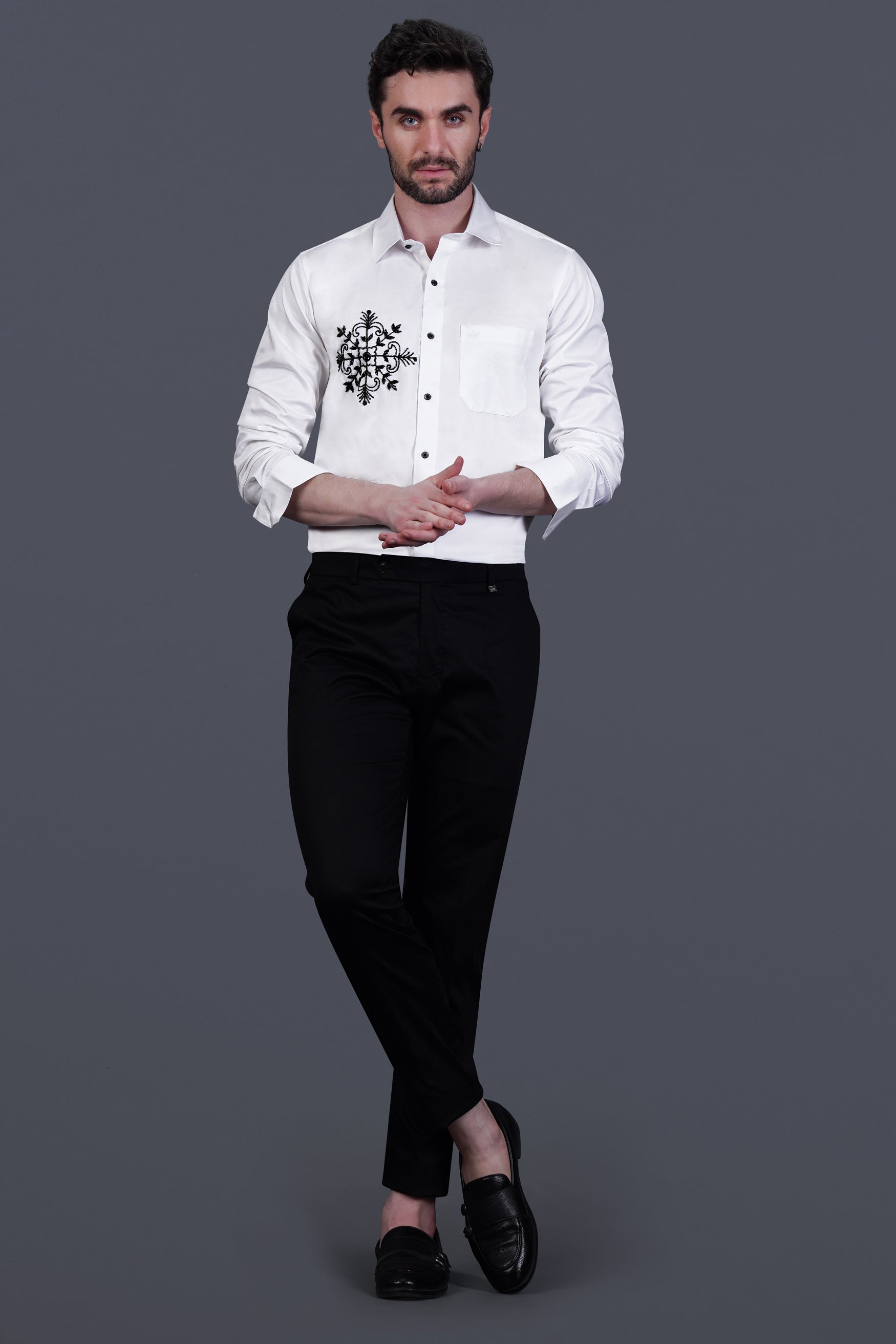 Bright White Floral Beads Handwork Subtle Sheen Super Soft Premium Cotton Designer Shirt