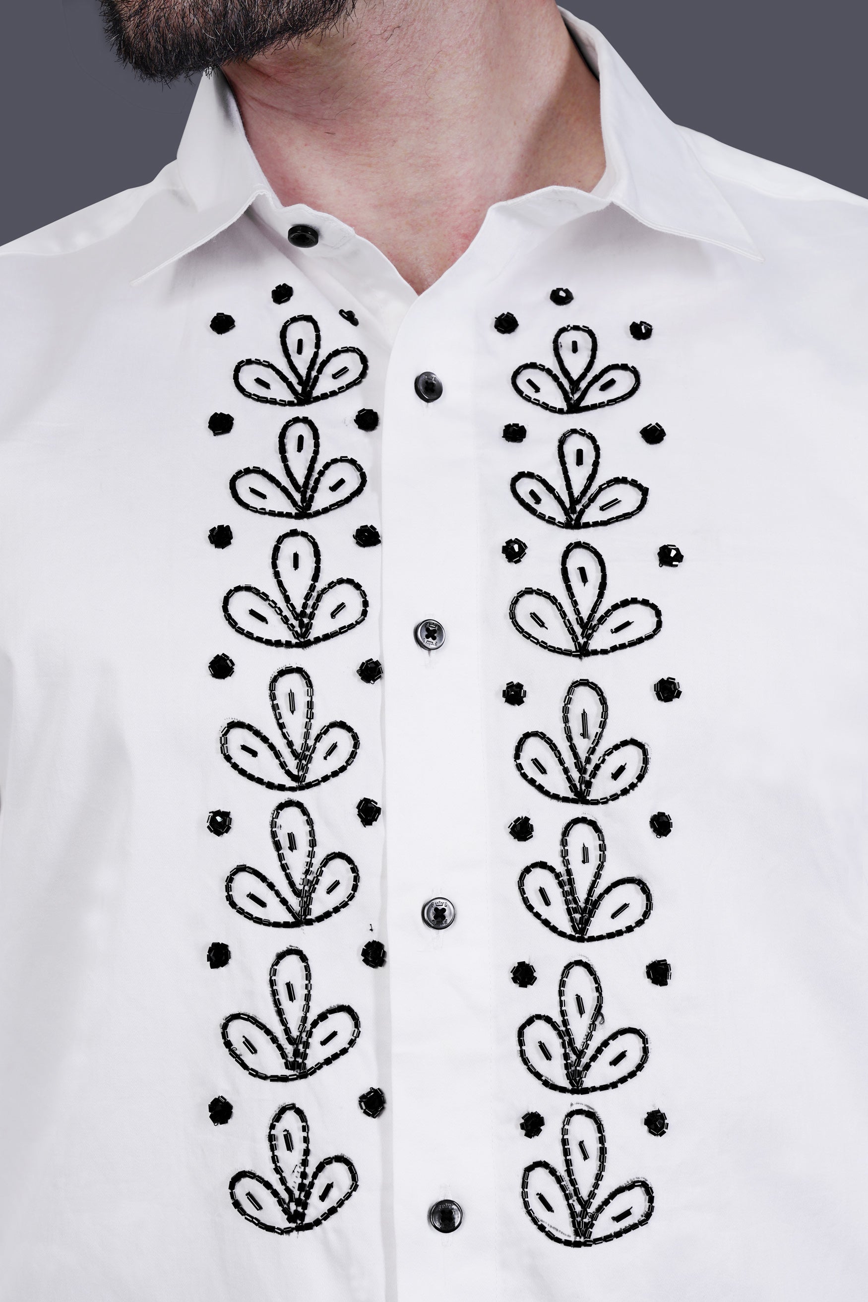 Bright White Leaves Beads Handwork Subtle Sheen Super Soft Premium Cotton Designer Shirt