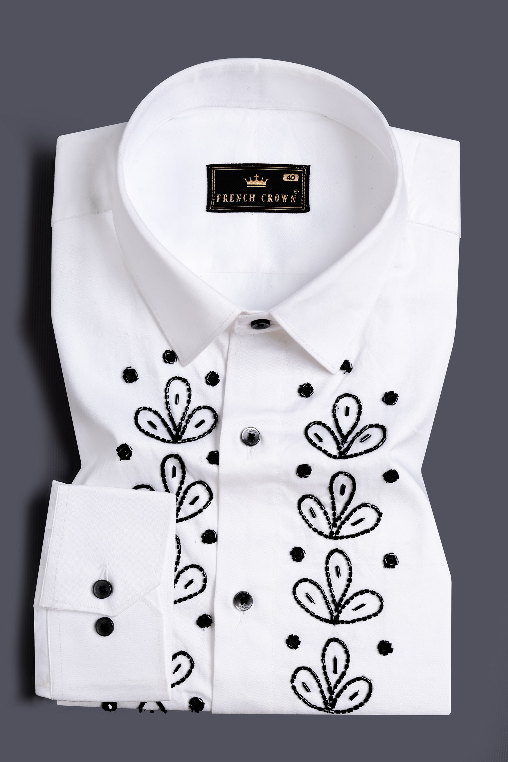 Bright White Leaves Beads Handwork Subtle Sheen Super Soft Premium Cotton Designer Shirt