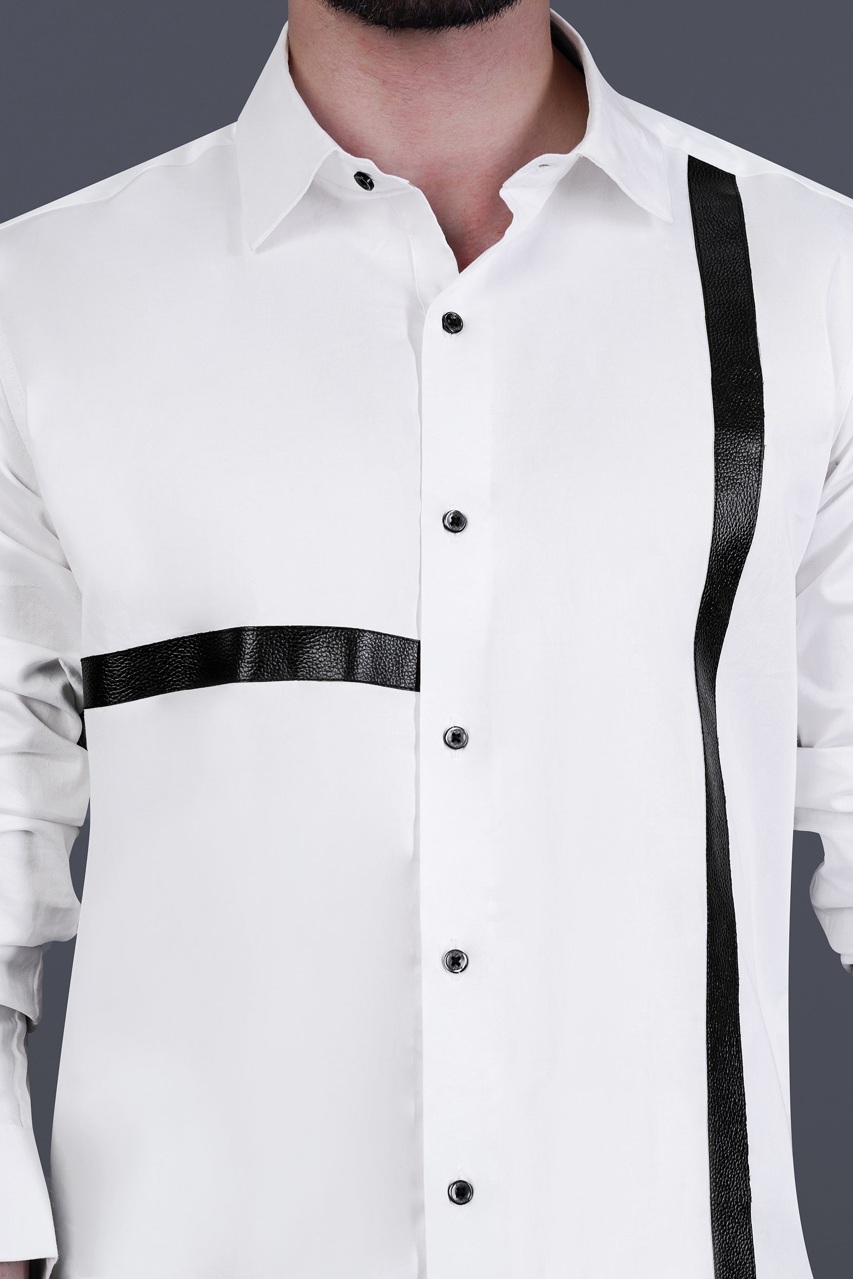 Bright White Leather Striped Subtle Sheen Super Soft Premium Cotton Designer Shirt
