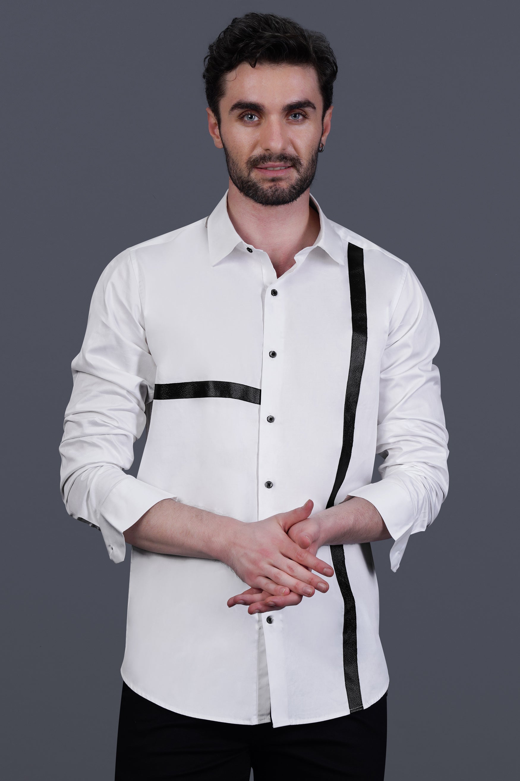 Bright White Leather Striped Subtle Sheen Super Soft Premium Cotton Designer Shirt