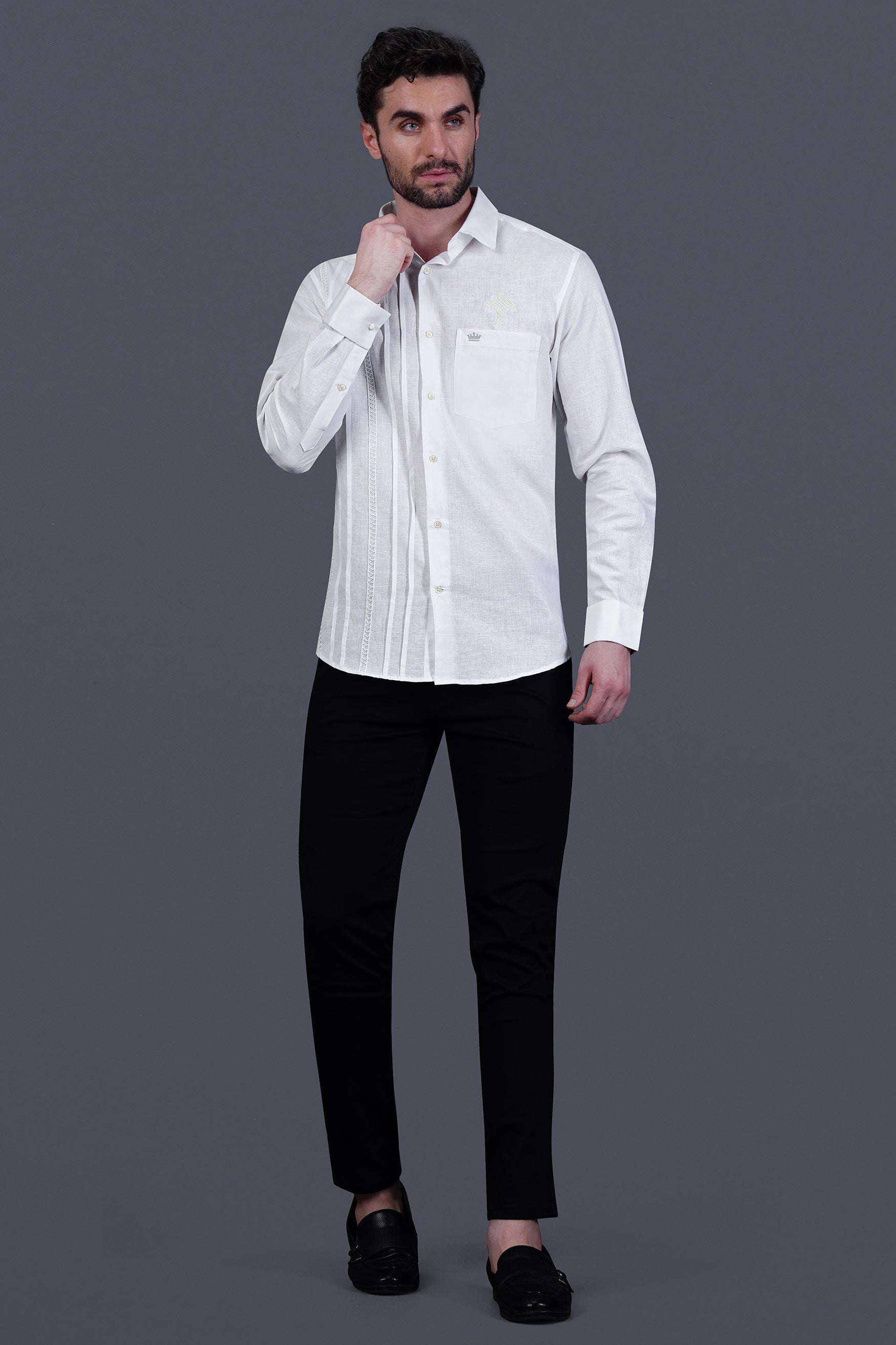 Bright White Pleated Luxurious Linen Designer Shirt