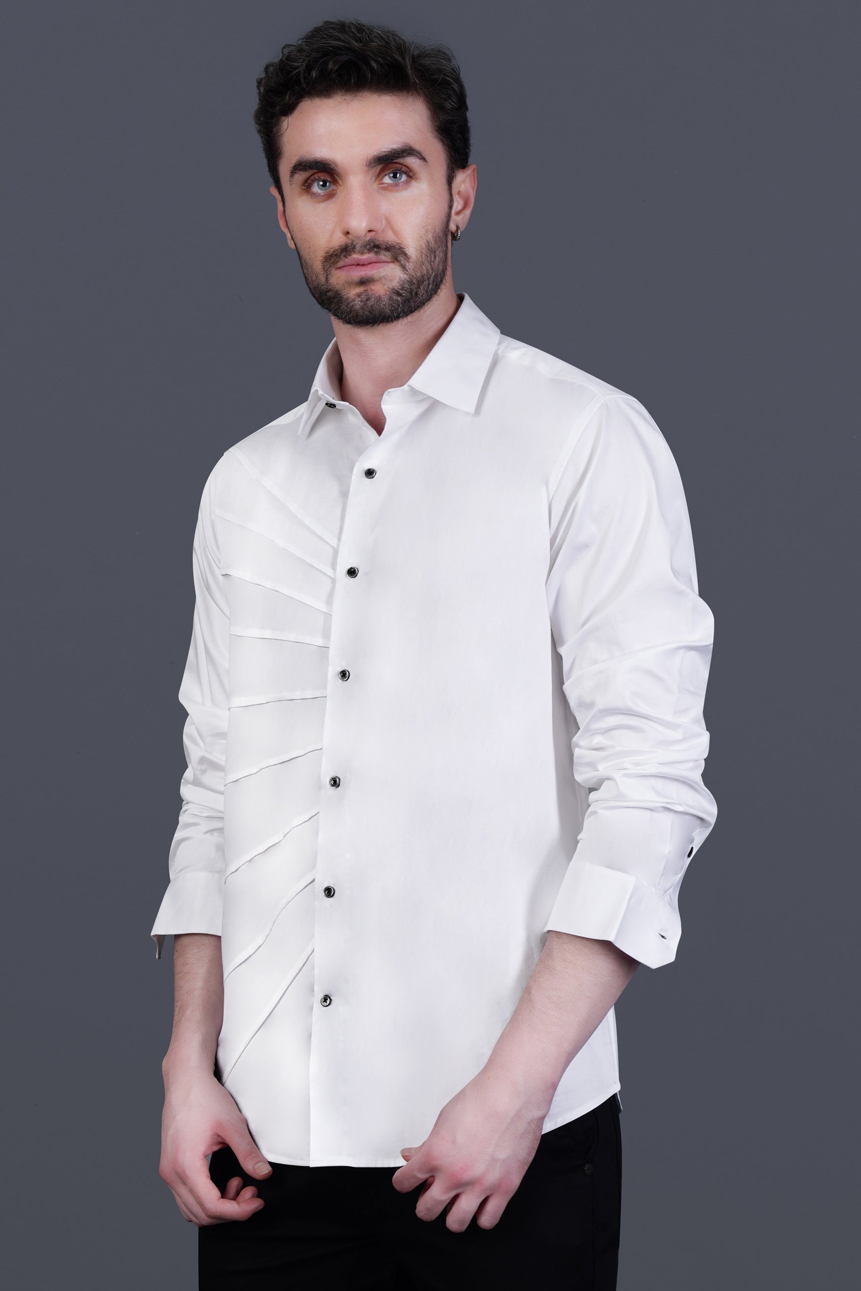 Bright White Infinite Lines Tucks Subtle Sheen Super Soft Premium Cotton Designer Shirt
