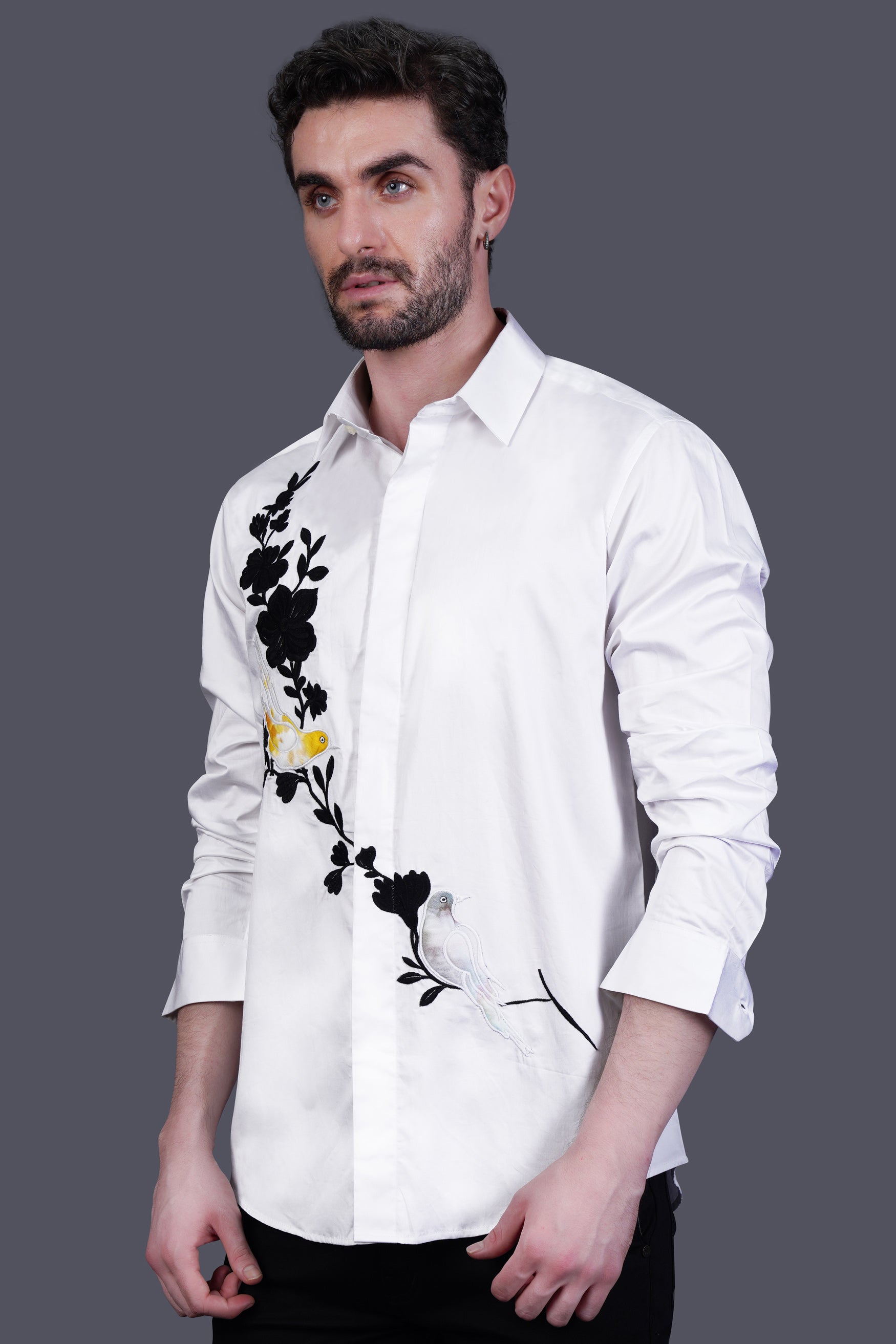 Bright White with Floral and Birds Embroidered Subtle Sheen Super Soft Premium Cotton Designer Shirt