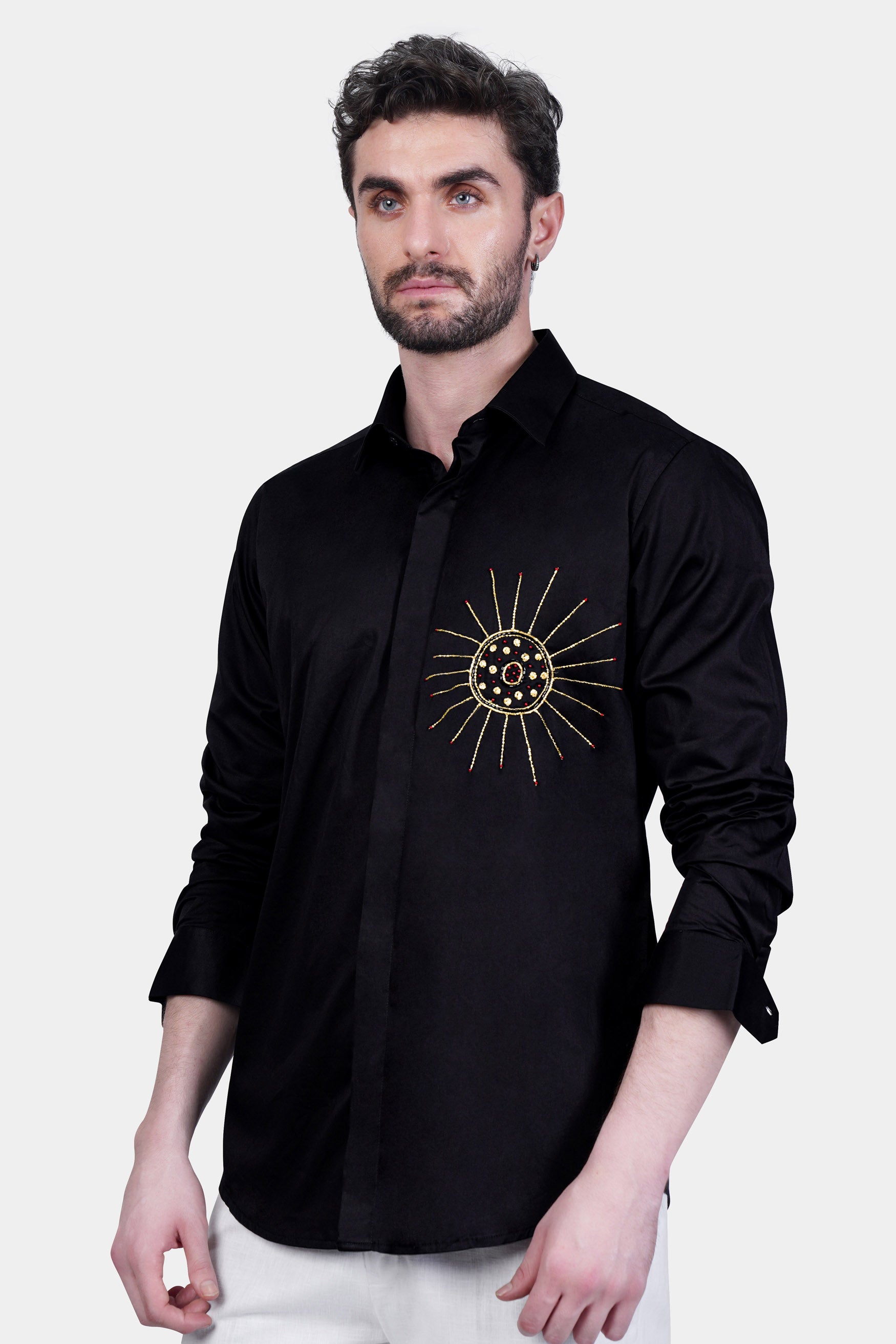 Jade Black Sun Handwork Subtle Sheen Super Soft Premium Cotton Designer Shirt