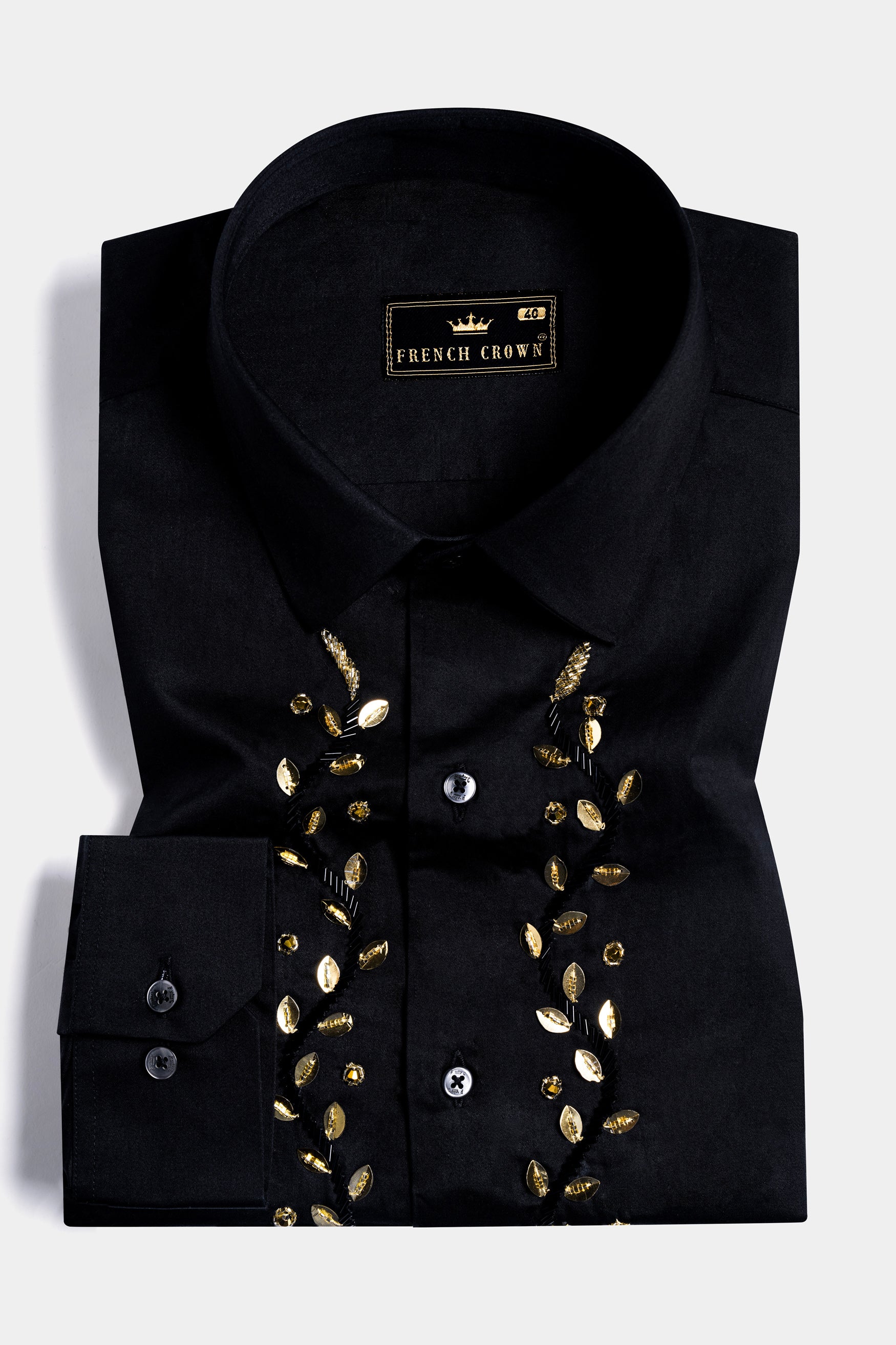 Jade Black Leaves Hand Work Subtle Sheen Super Soft Premium Cotton Designer Shirt