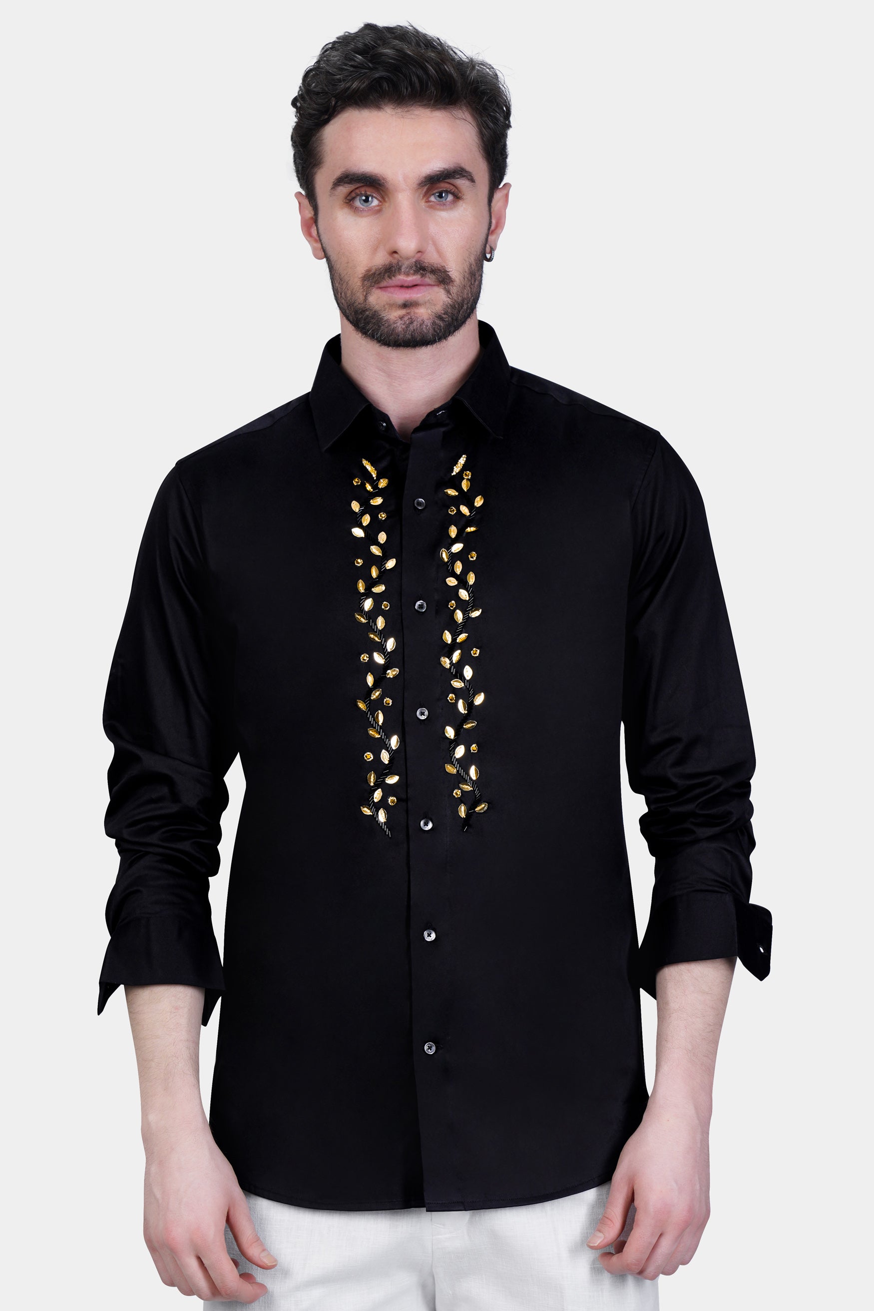 Jade Black Leaves Hand Work Subtle Sheen Super Soft Premium Cotton Designer Shirt