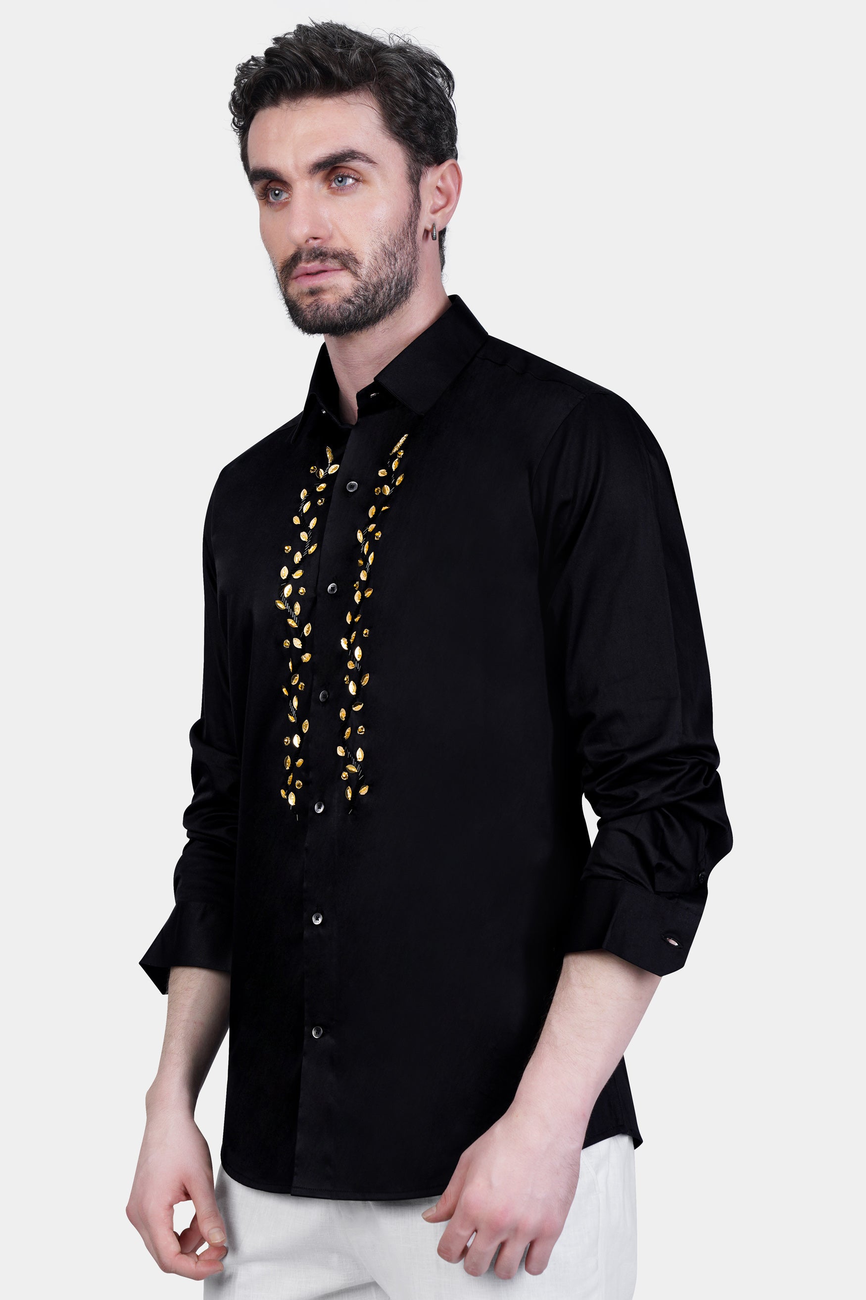 Jade Black Leaves Hand Work Subtle Sheen Super Soft Premium Cotton Designer Shirt