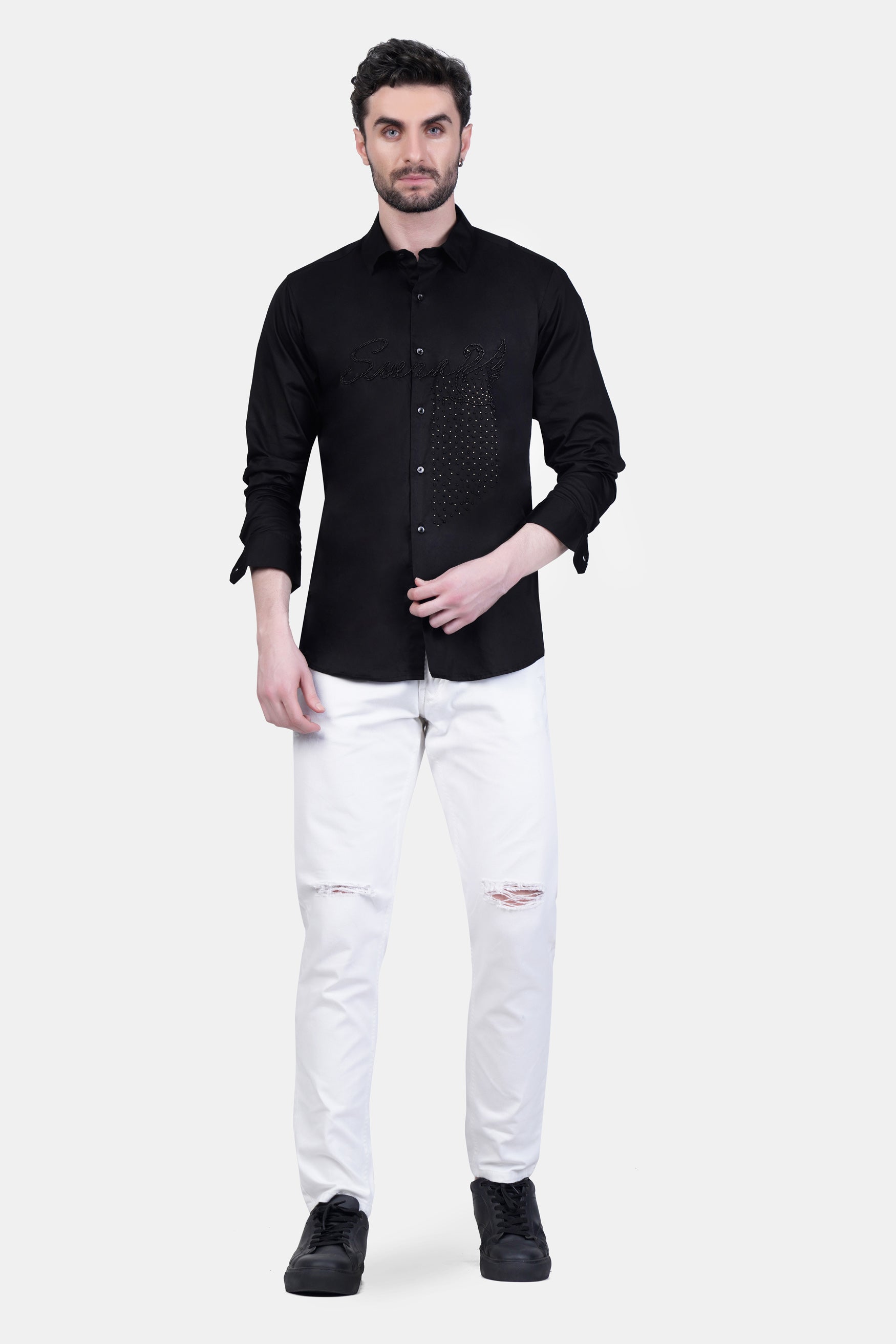 Jade Black Moti Work Subtle Sheen Super Soft Premium Cotton Designer Shirt