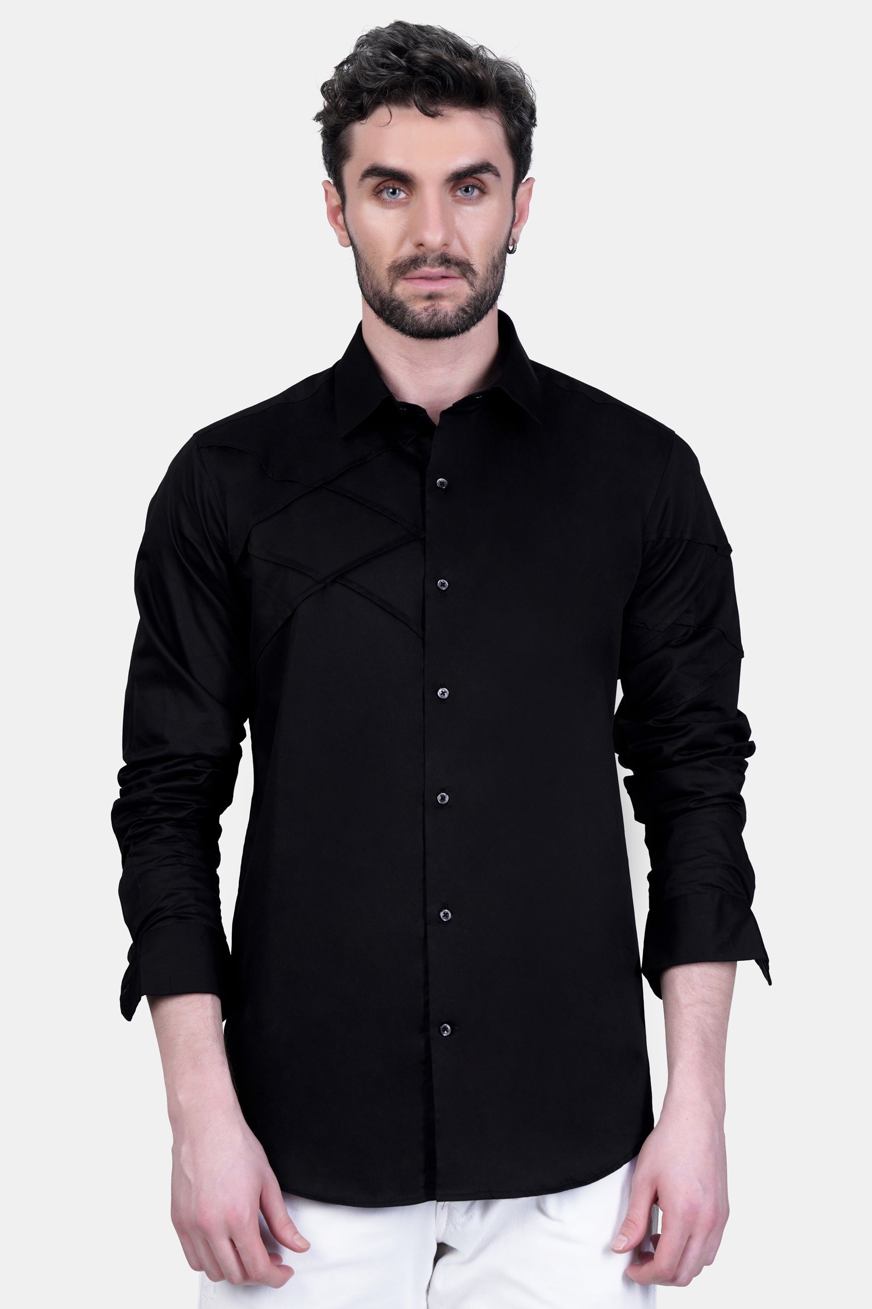 Jade Black Cross Tucks Subtle Sheen Super Soft Premium Cotton Designer Shirt