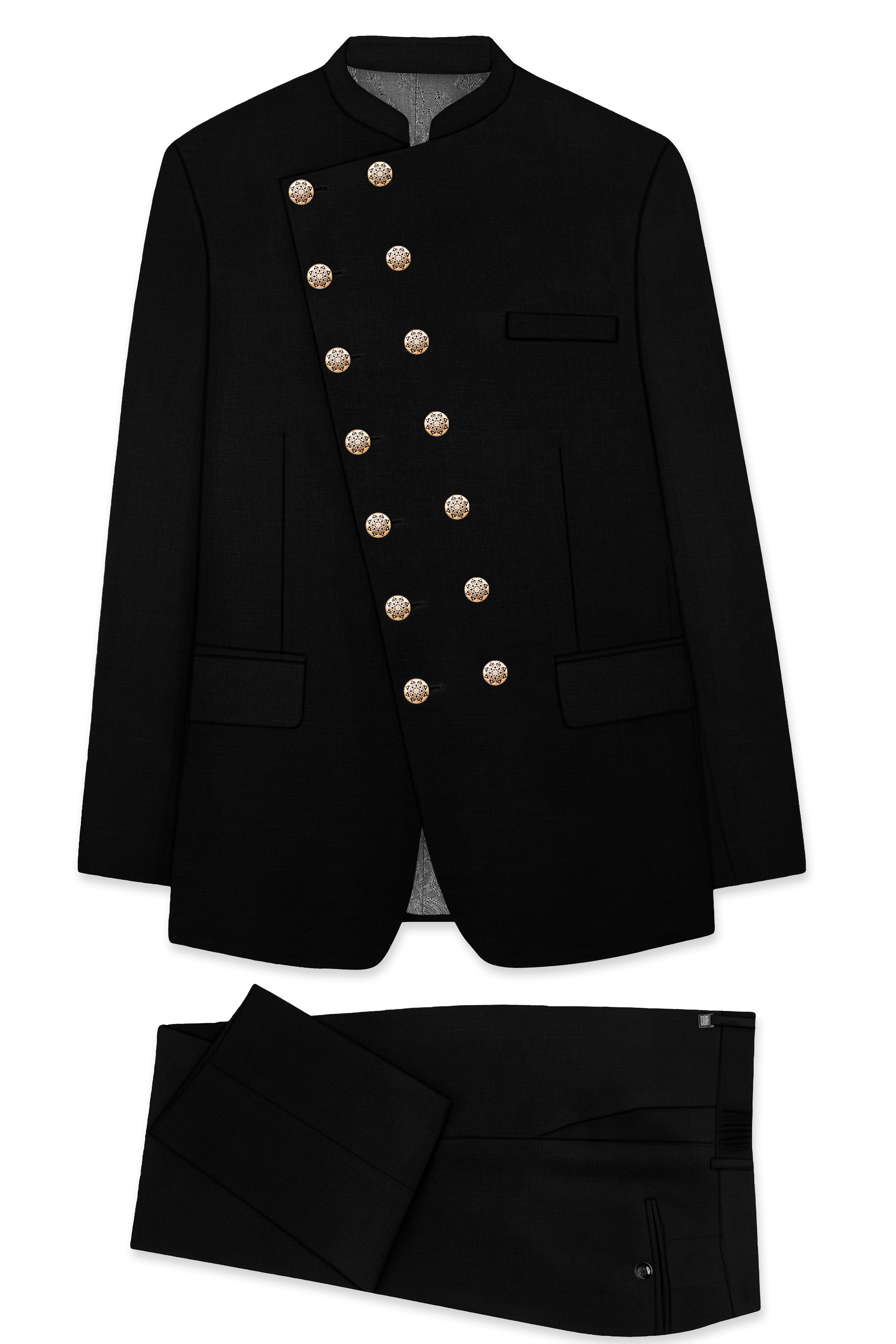 Jade Black Stretchable Subtle Sheen Cross Placket  Double Closure Bandhgala/Mandarin Suit