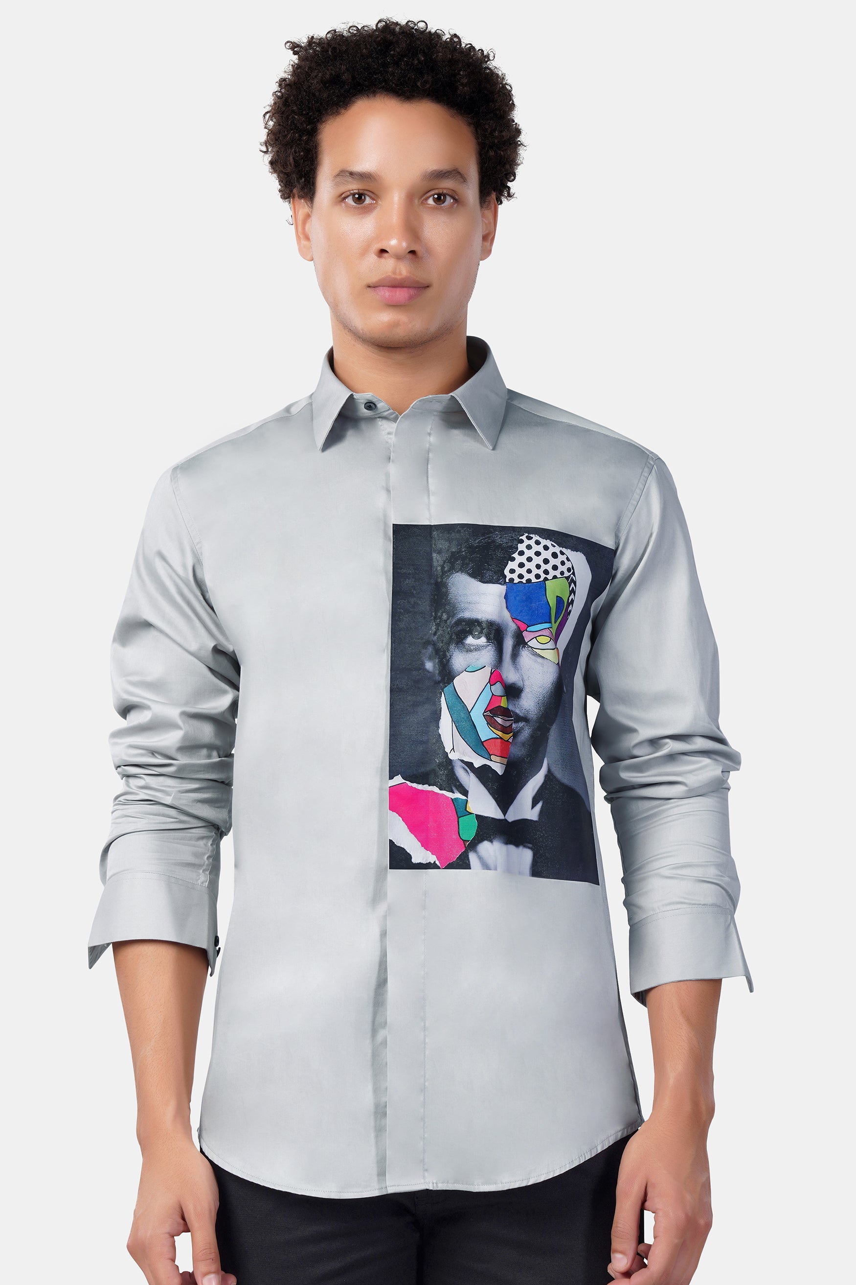 Stream Gray Abstract Face Printed Subtle Sheen Super Soft Premium Cotton Designer Shirt