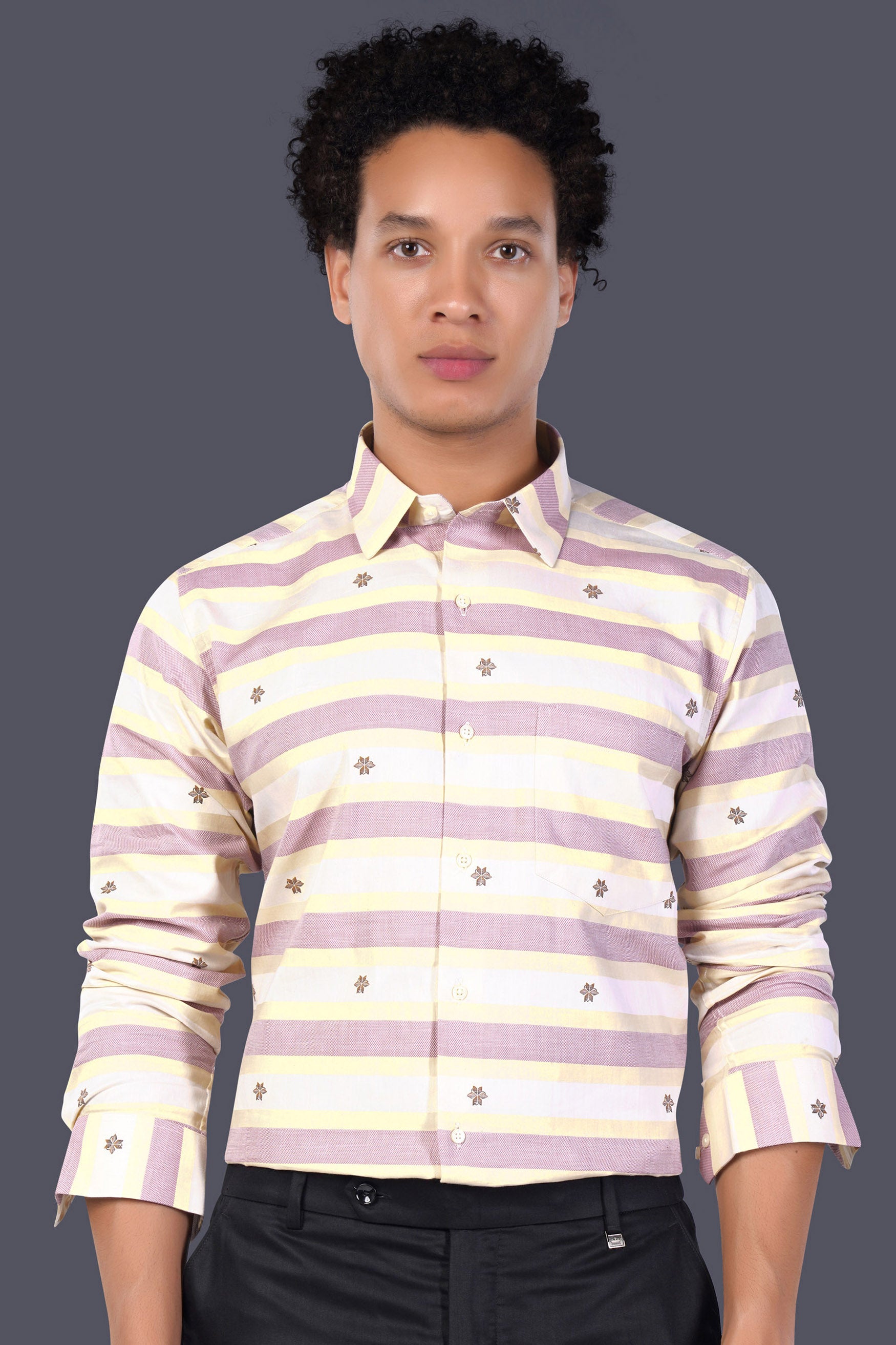 Brandy Pink with Bizarre Cream and White Striped Jacquard Textured Premium Giza Cotton Shirt