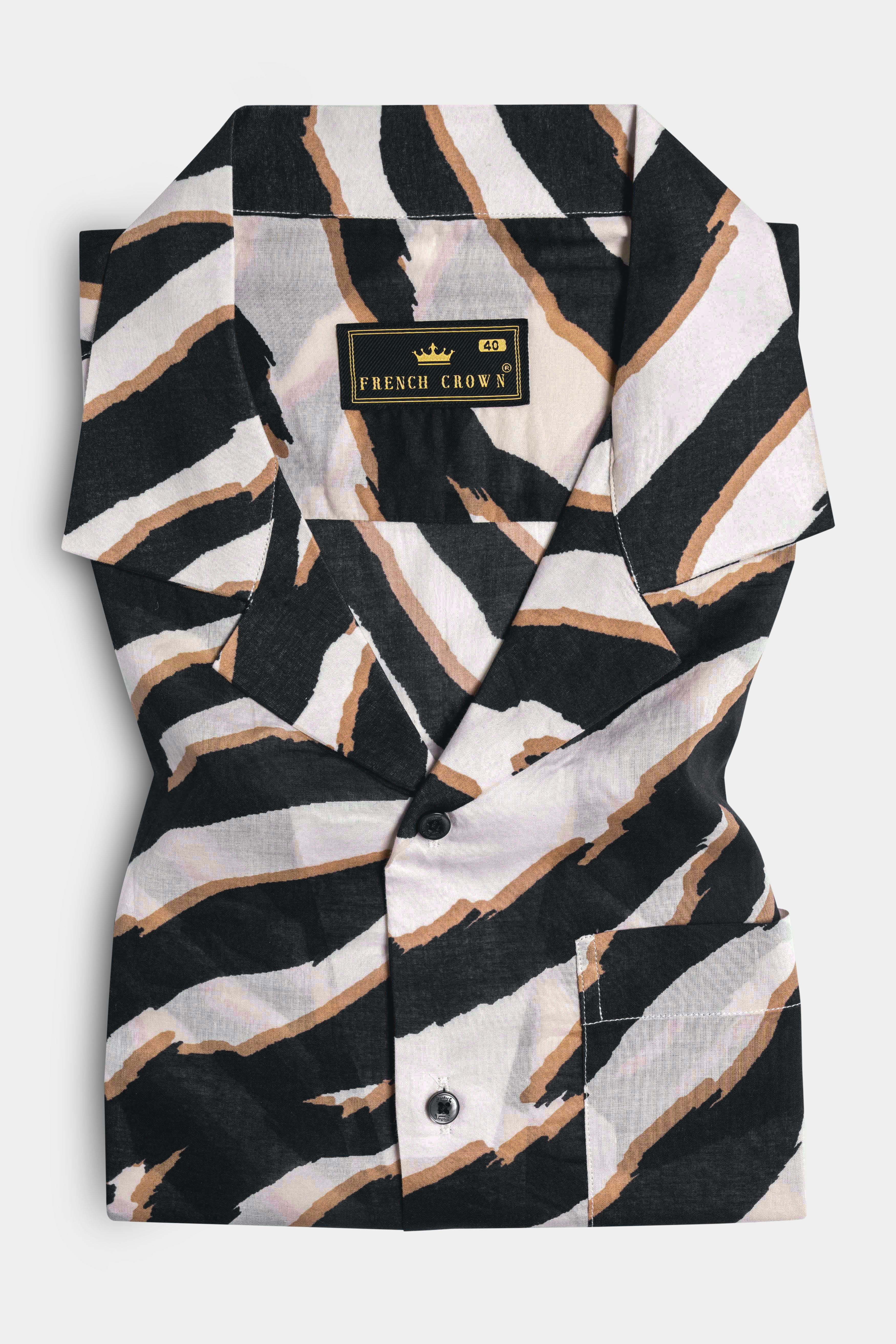 Bright White with  Baltic Black and Taupe Brown Zebra Stripes Printed Premium Tencel Shirt