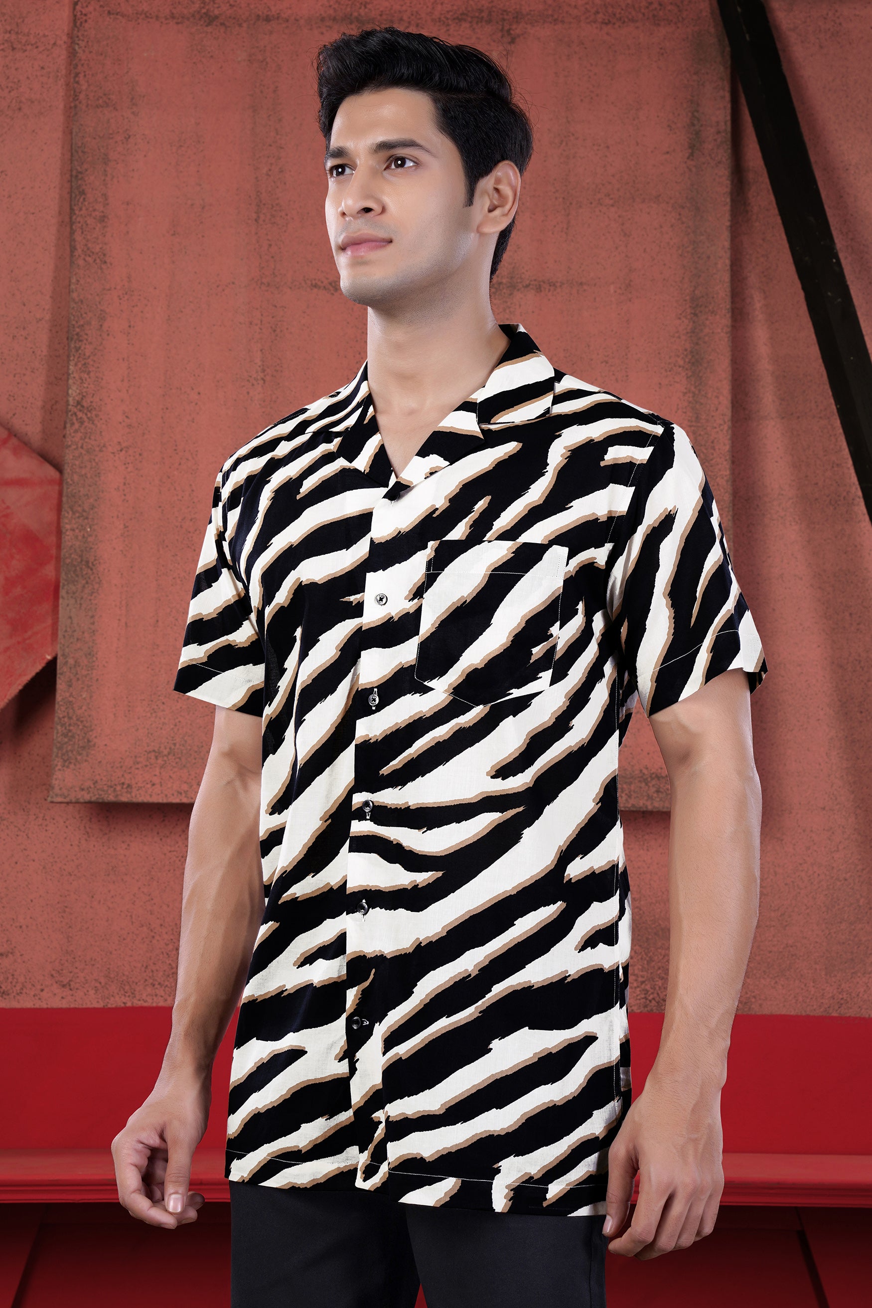 Bright White with  Baltic Black and Taupe Brown Zebra Stripes Printed Premium Tencel Shirt