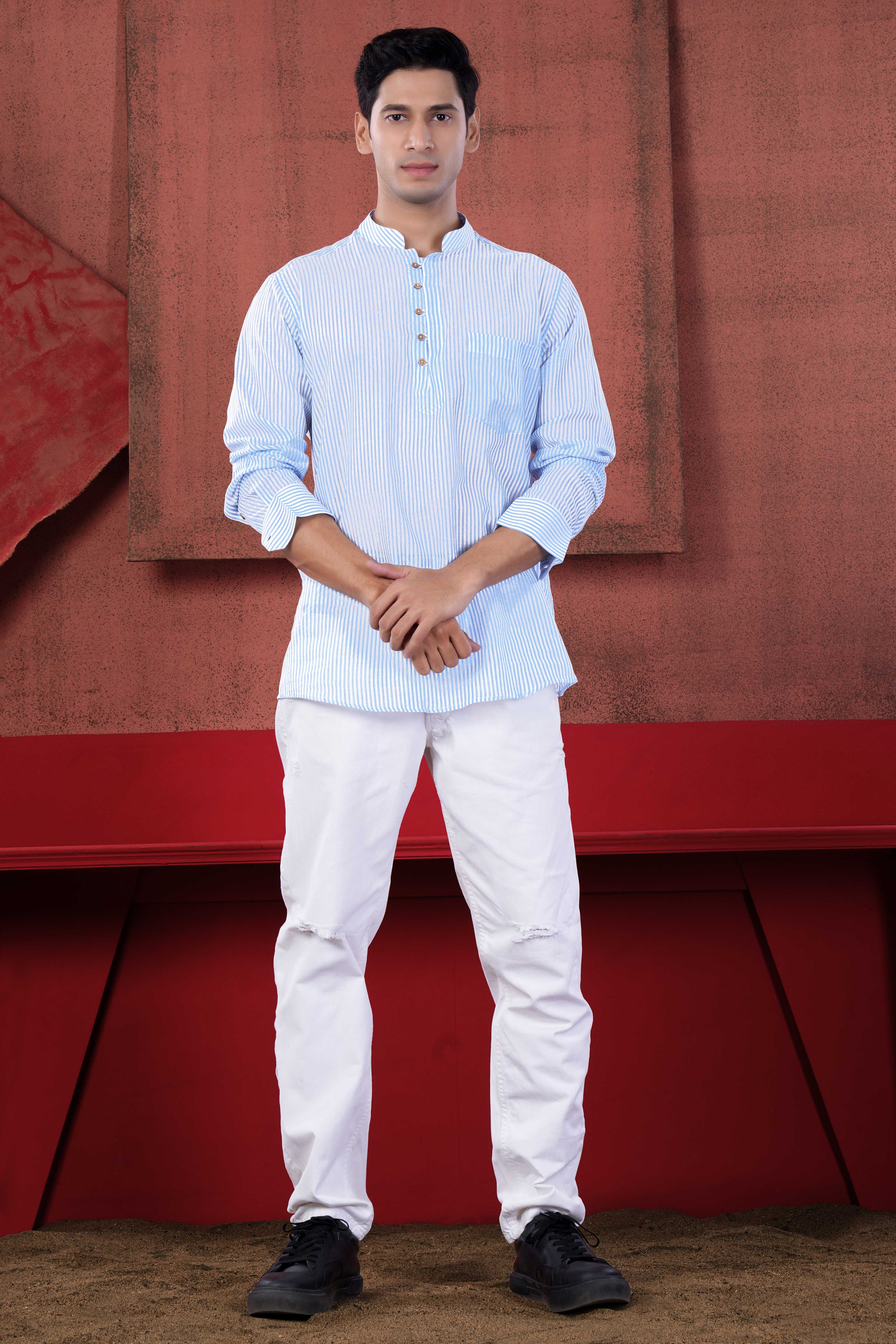 Bright White and Glacier Blue Striped Premium Cotton Kurta Shirt
