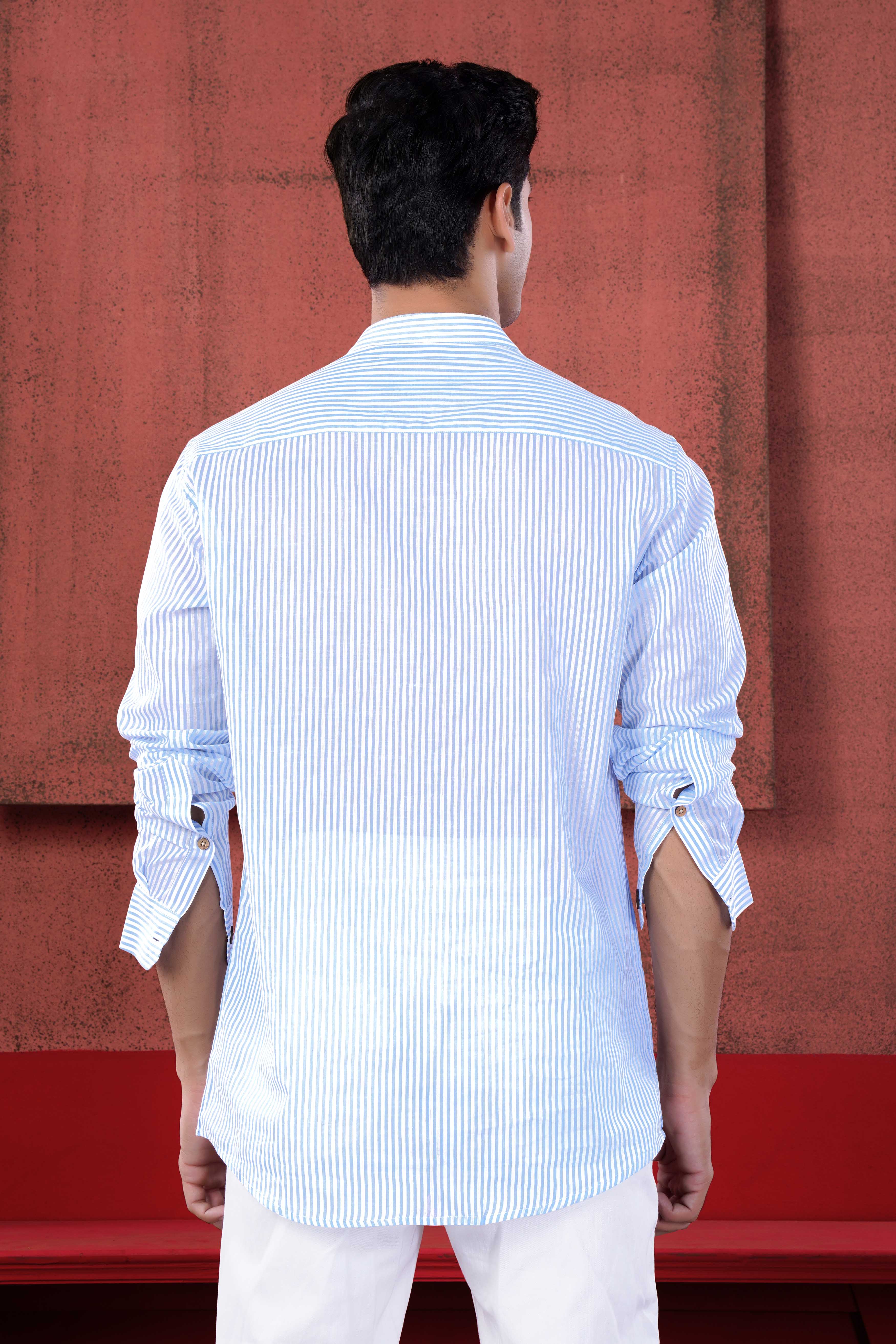 Bright White and Glacier Blue Striped Premium Cotton Kurta Shirt