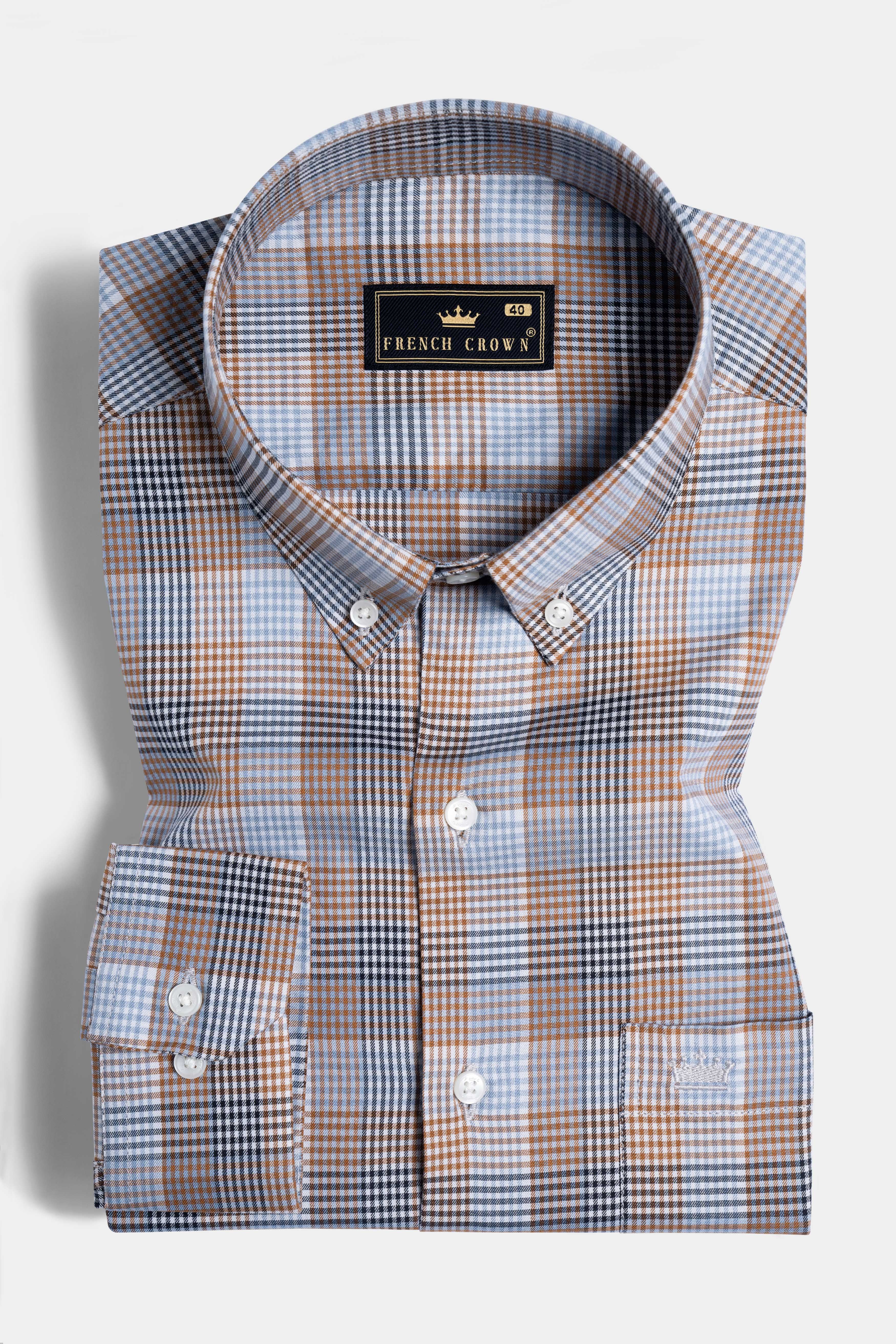 Cumin Brown with Malibu Blue and White Gingham Checkered Twill Premium Cotton Shirt