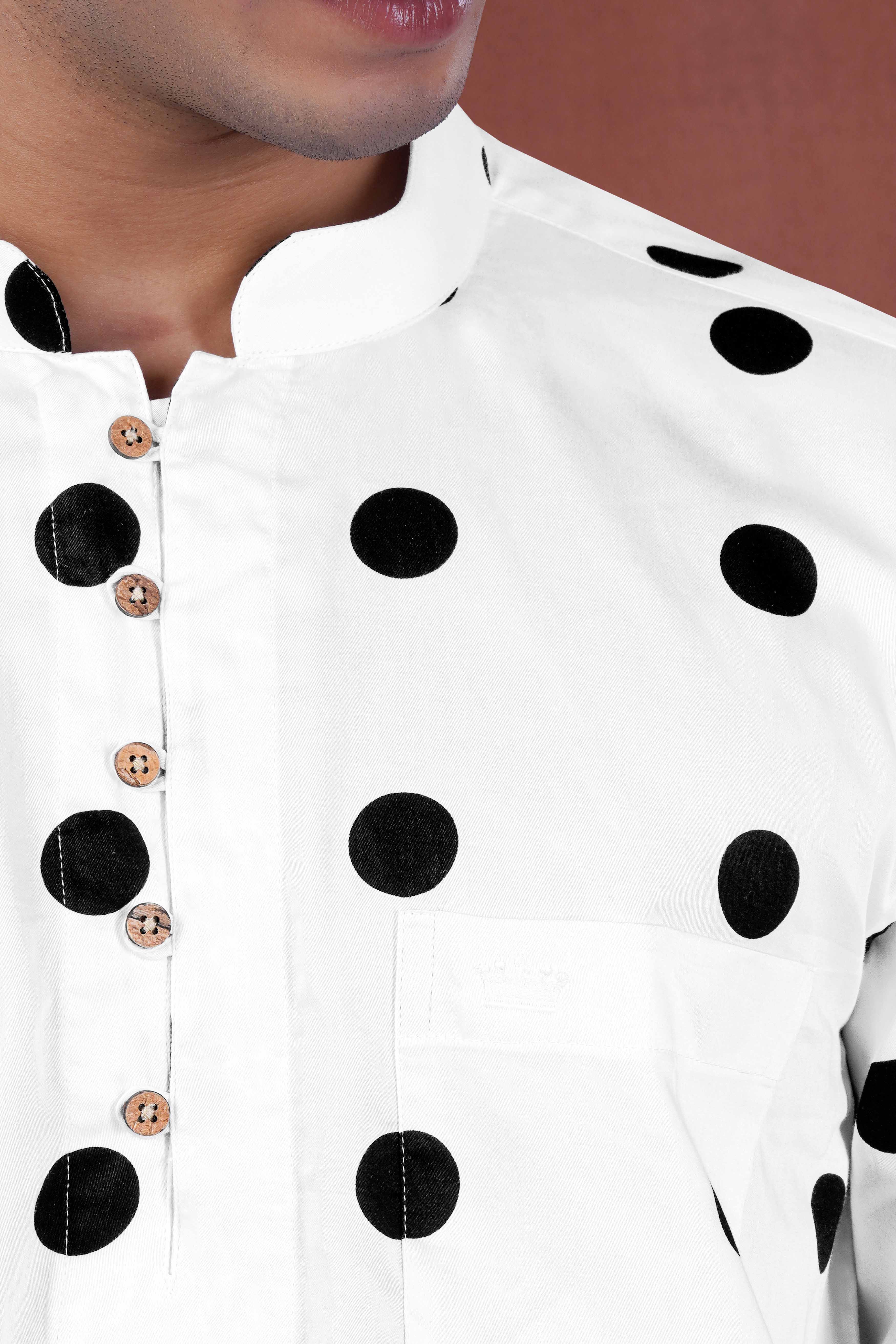 Bright White and Black Polka Dotted Subtle Sheen Super Soft Premium Cotton Kurta Shirt
