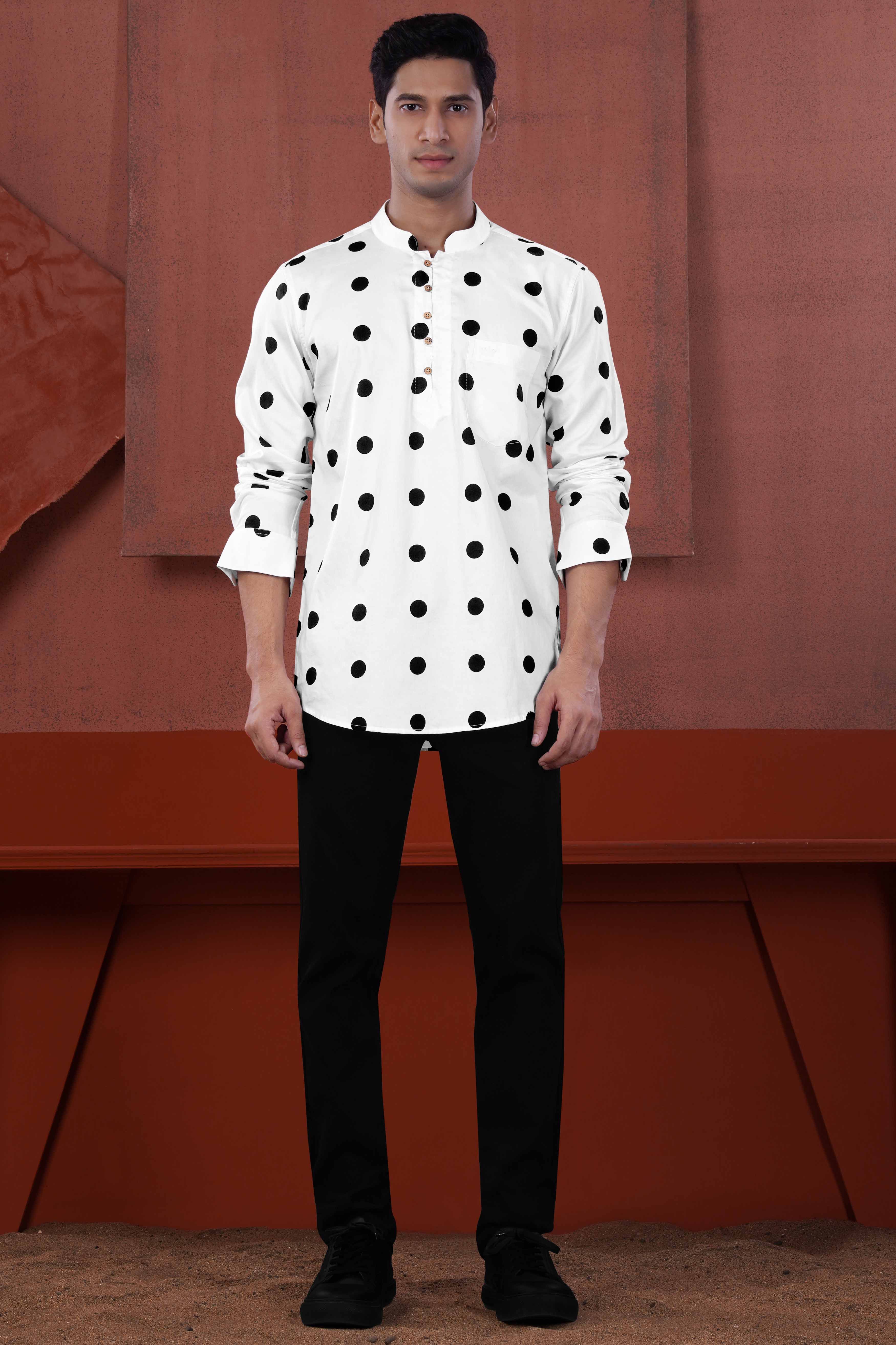 Bright White and Black Polka Dotted Subtle Sheen Super Soft Premium Cotton Kurta Shirt