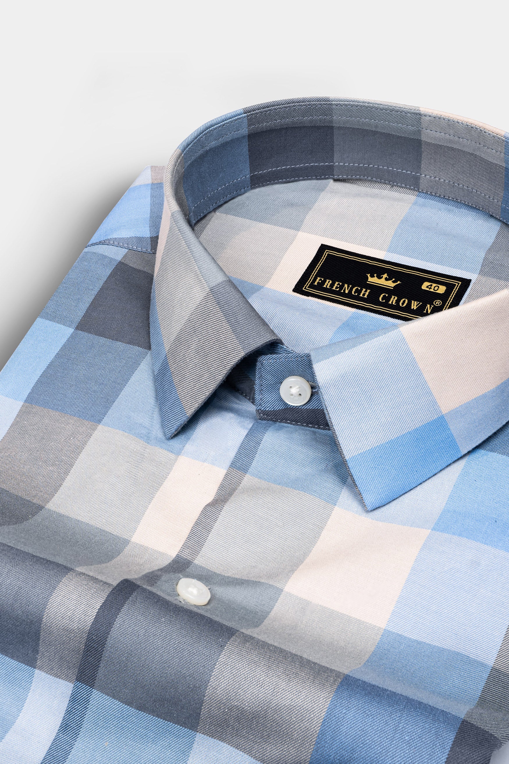 Glacier Blue and Oyster Beige Checked Twill Premium Cotton Shirt