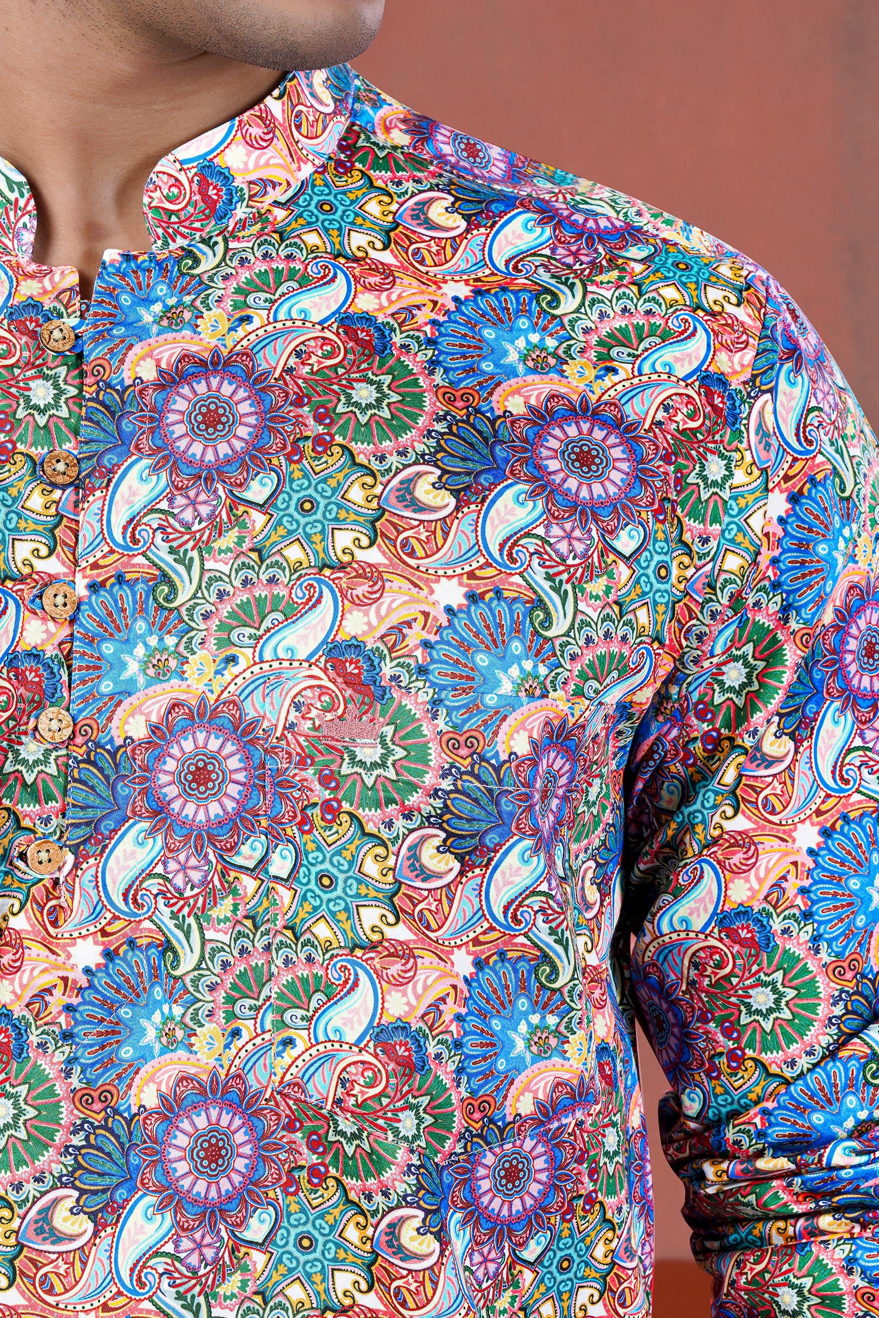 Bluish and Peachy Multicolour Paisley Printed Subtle Sheen Super Soft Premium Cotton Kurta Shirt