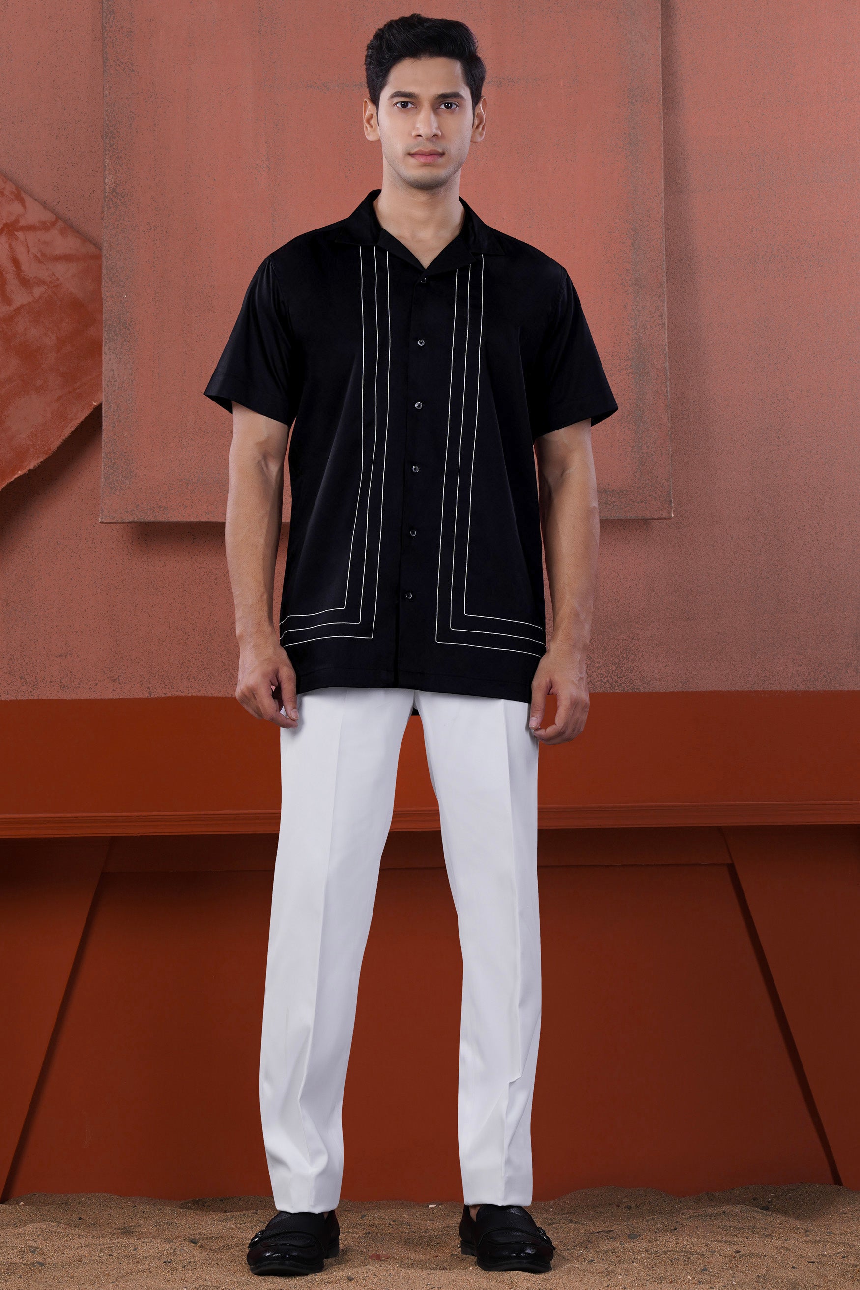 Jade Black with White Lines Stitched Subtle Sheen Super Soft Premium Cotton Designer Shirt