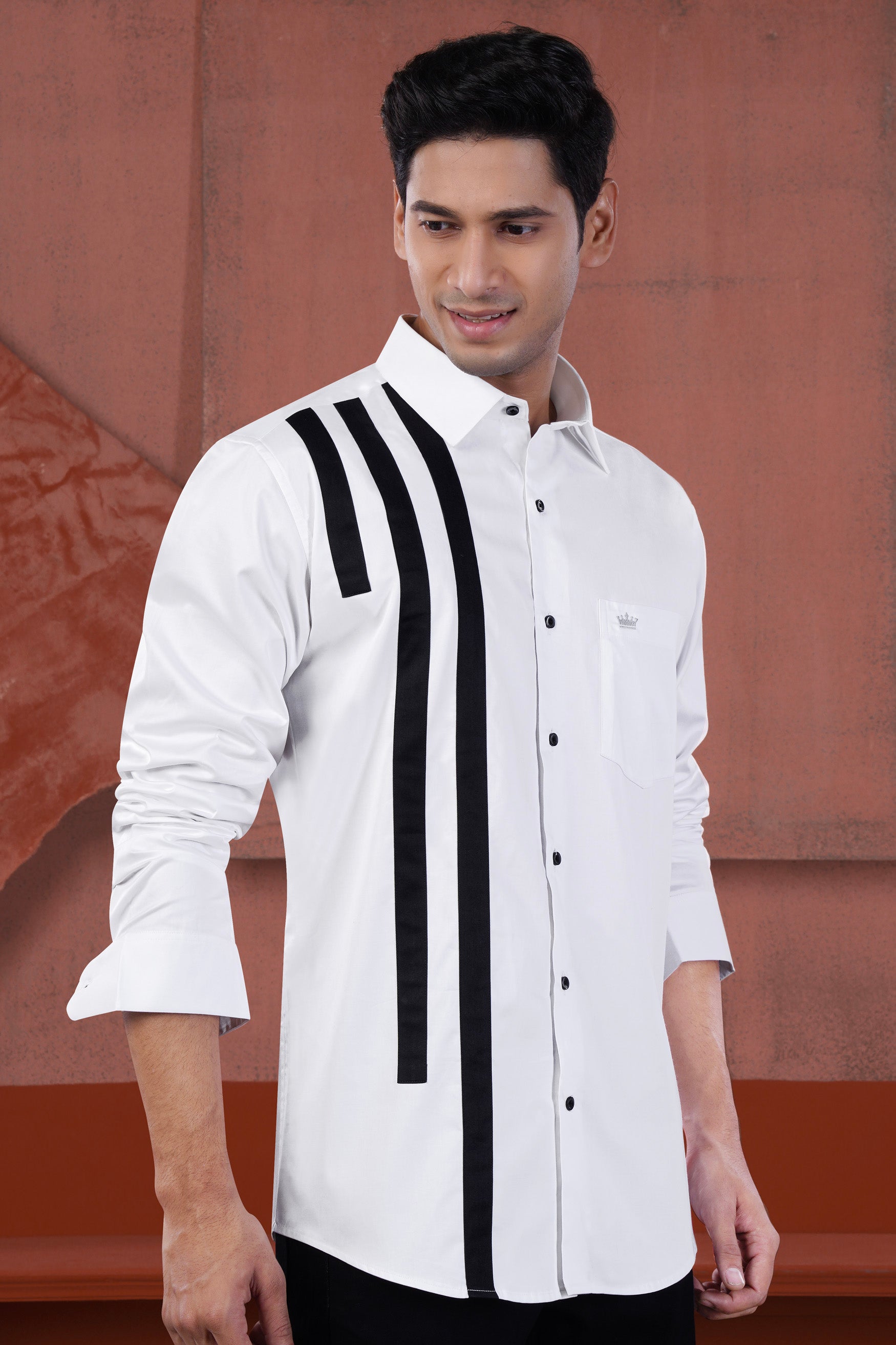 Bright White with Triple Black Asymmetrical Striped Subtle Sheen Super Soft Premium Cotton Designer Shirt